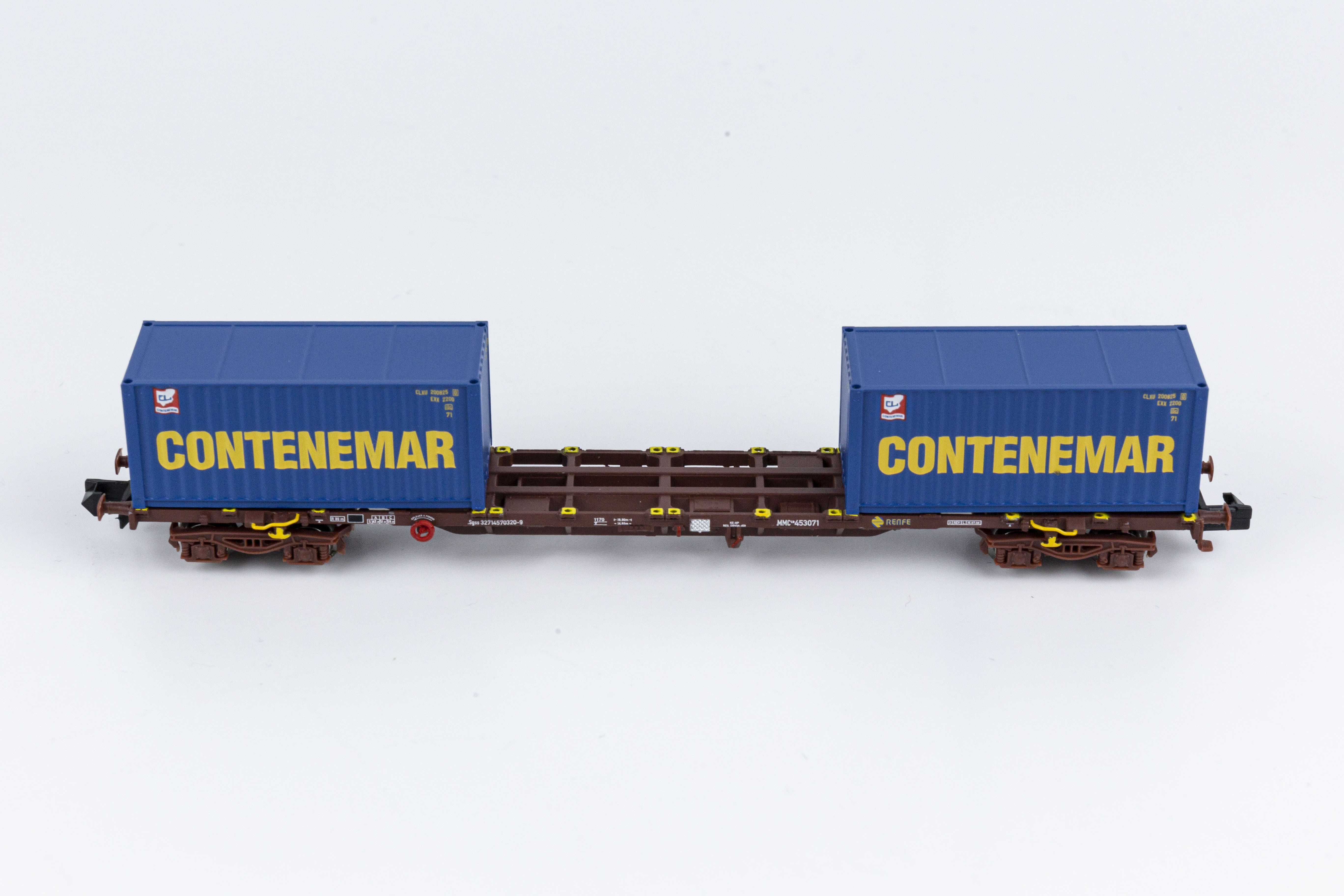 Arnold HN6461 N scale RENFE MMC Era IV 60' container wagon loaded with 2 x 20' container