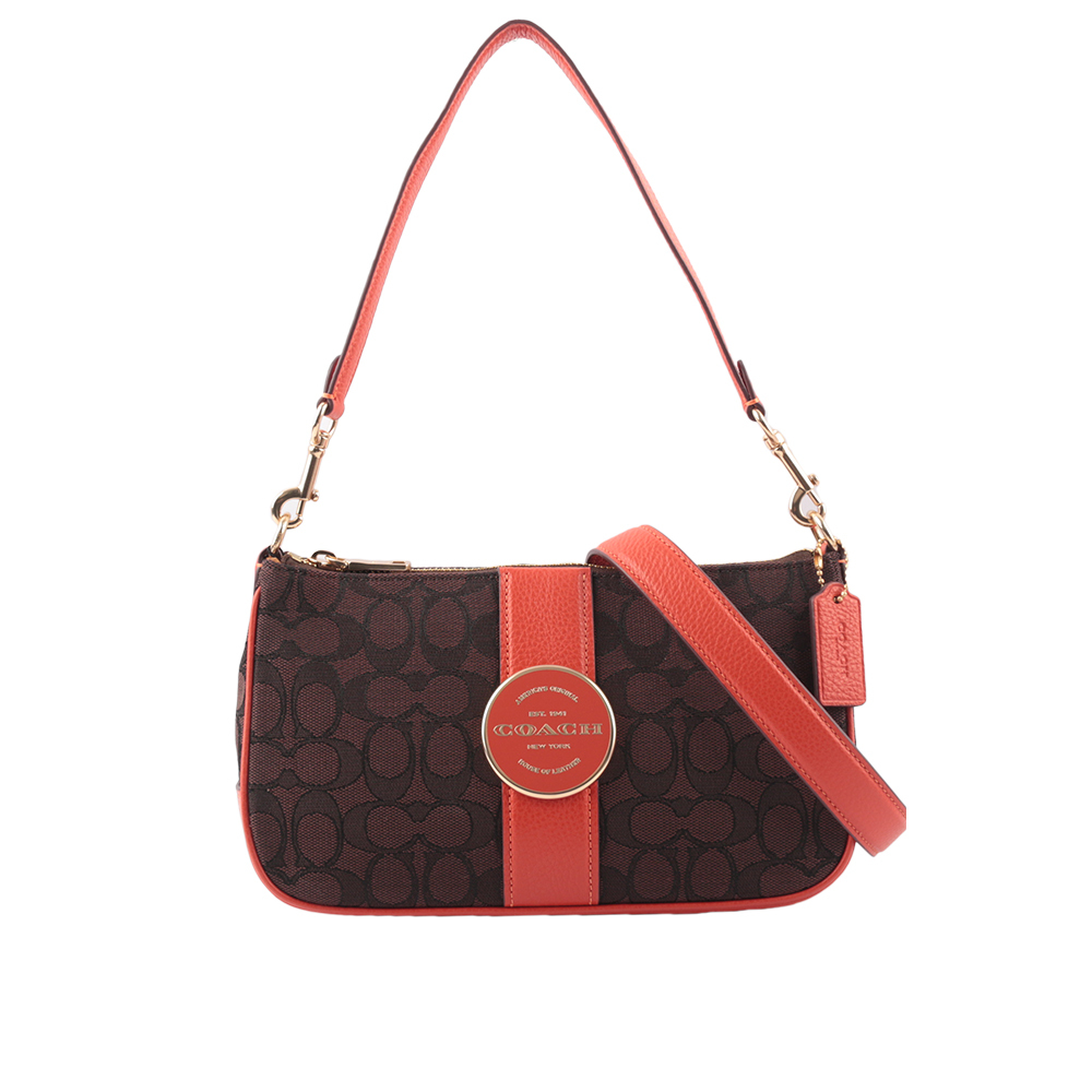 【COACH】Lonnie 緹花布拼皮革二用法棍包(芒果橘/巧克力色)