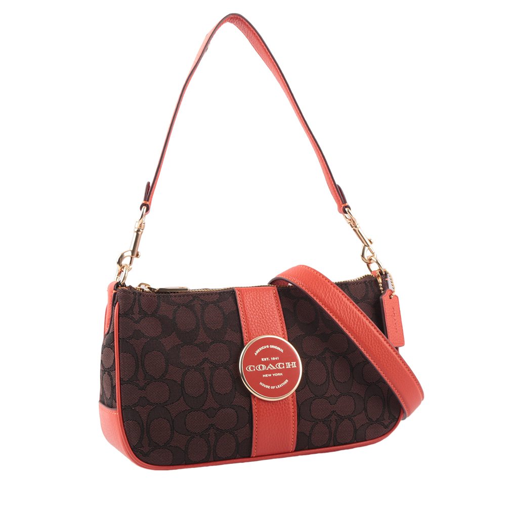 【COACH】Lonnie 緹花布拼皮革二用法棍包(芒果橘/巧克力色)
