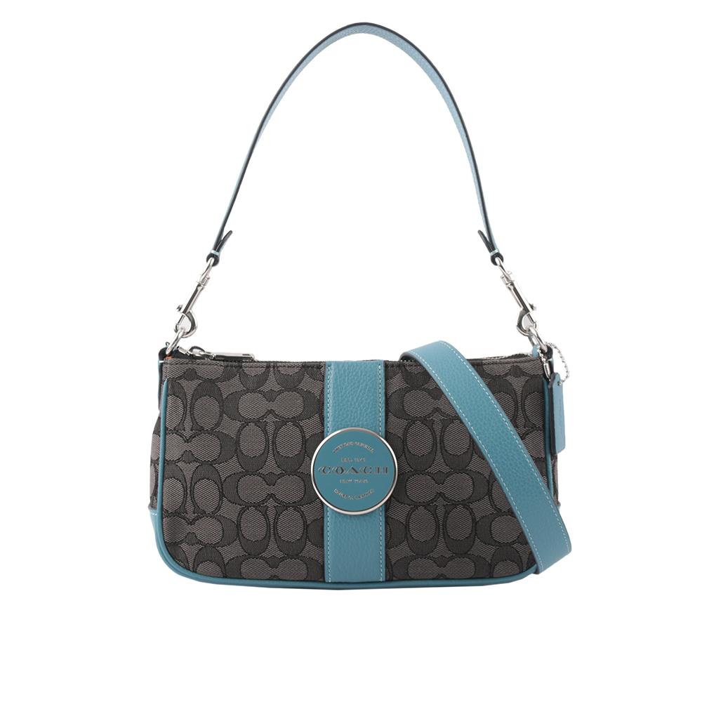 【COACH】Lonnie 緹花布拼皮革二用法棍包(太平洋藍/黑灰色)