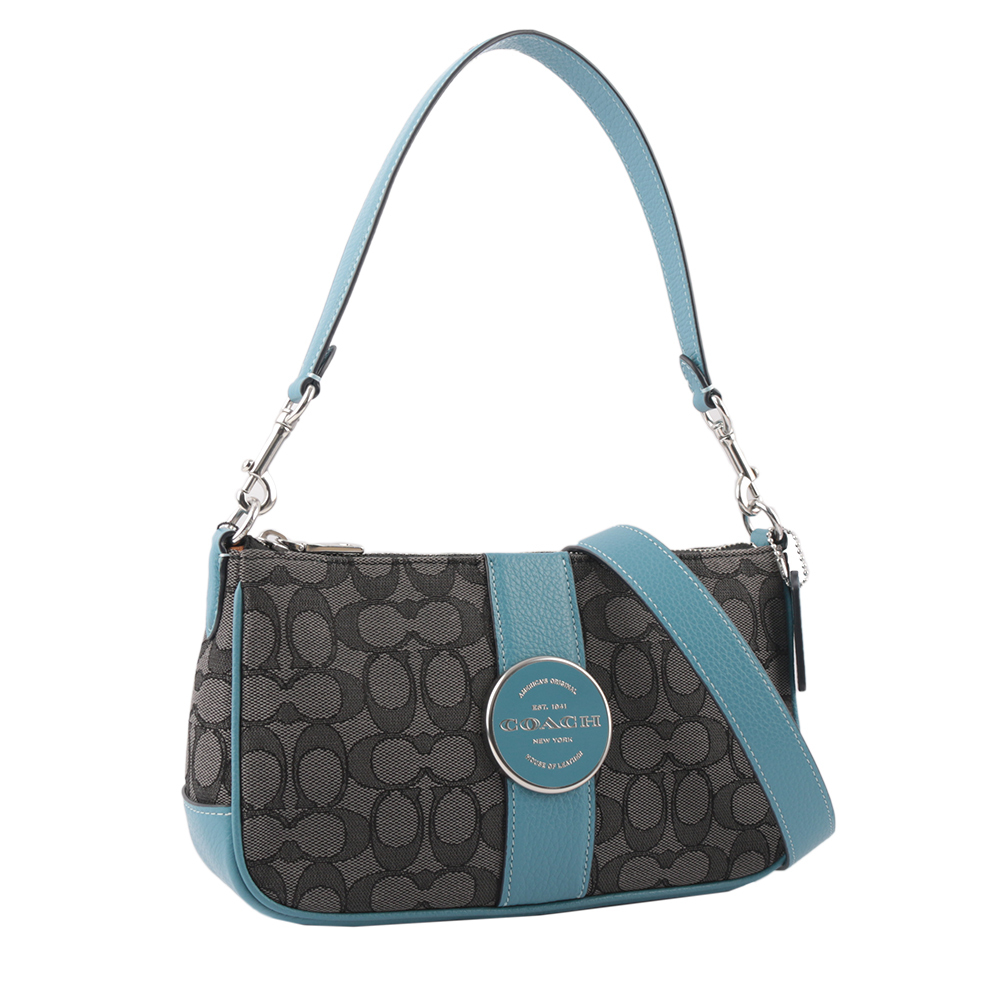 【COACH】Lonnie 緹花布拼皮革二用法棍包(太平洋藍/黑灰色)