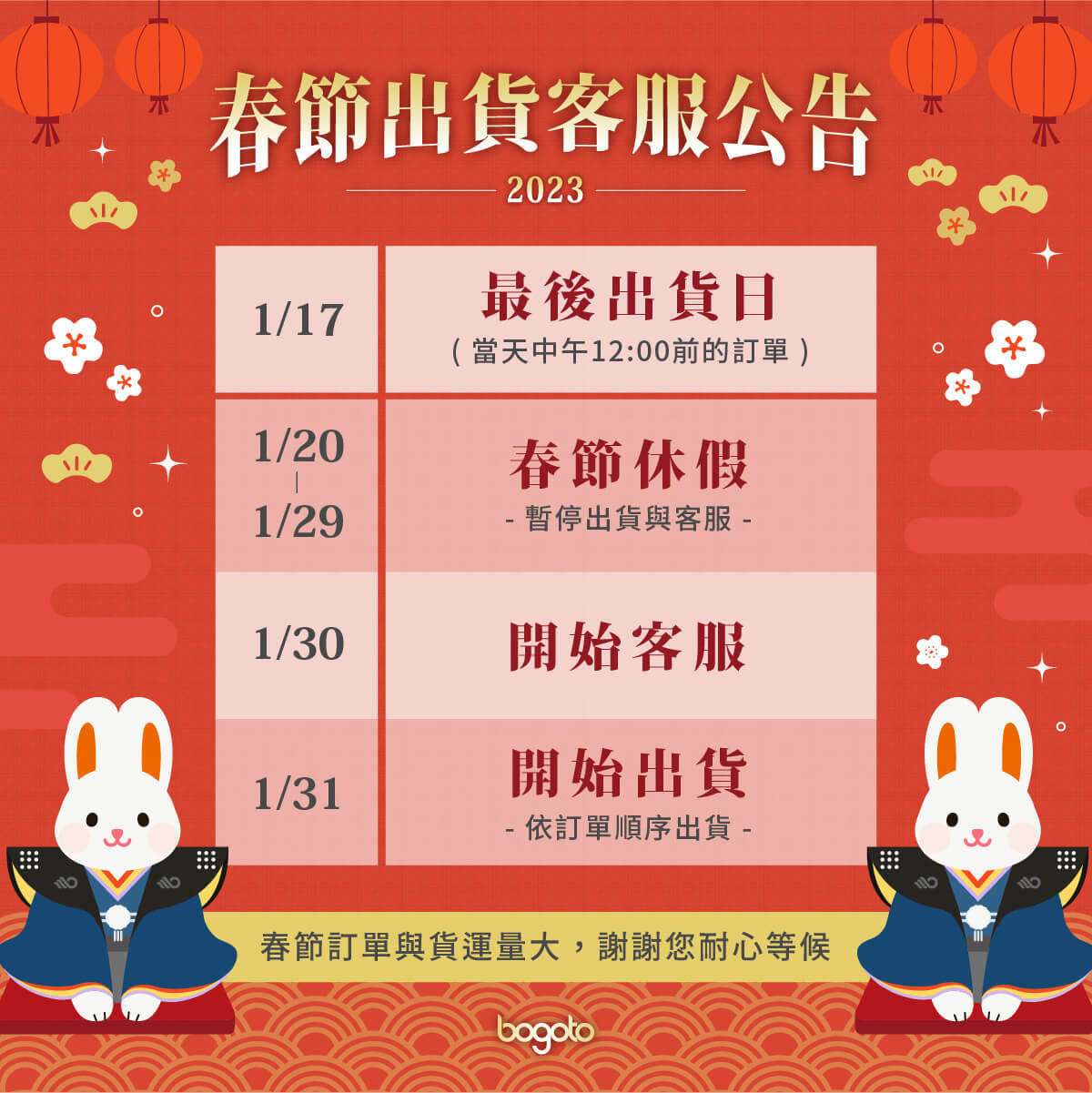 【2023博克多迎福兔】春節期間暫停出貨，年後將於1/31開始恢復出貨。