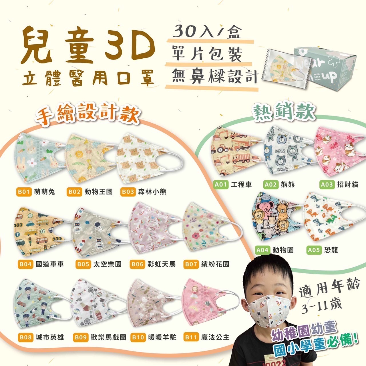 台灣製兒童3D立體醫用口罩-30入(單片包裝)