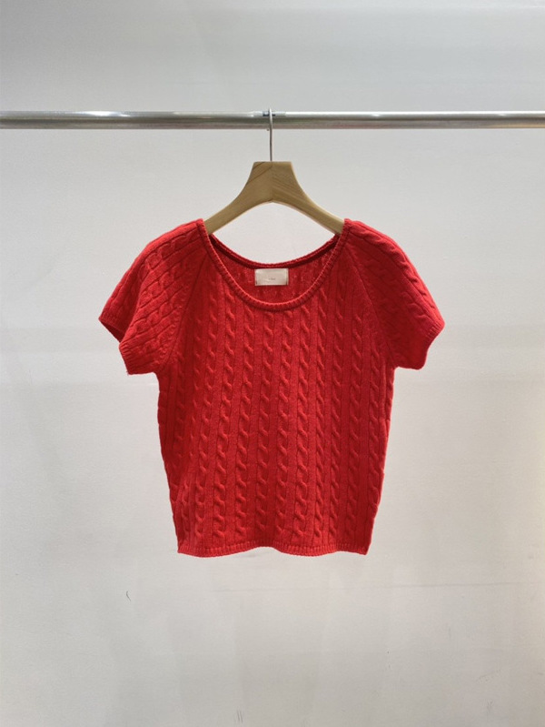 麻花編織 圓領短袖上衣(紅/白)