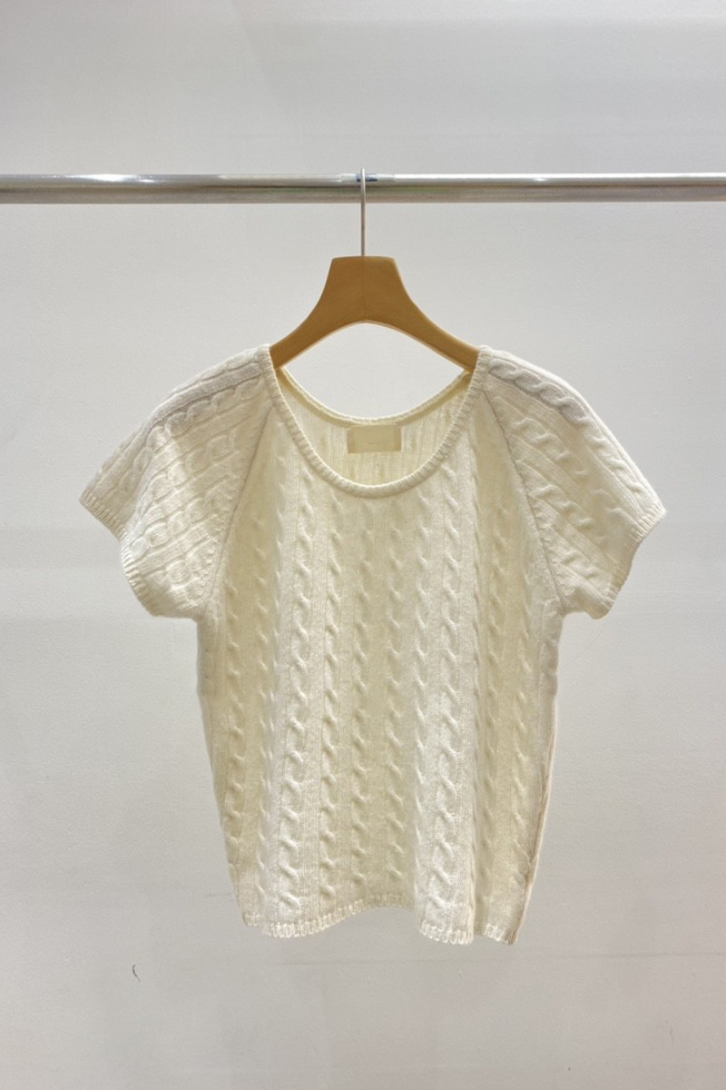 麻花編織 圓領短袖上衣(紅/白)