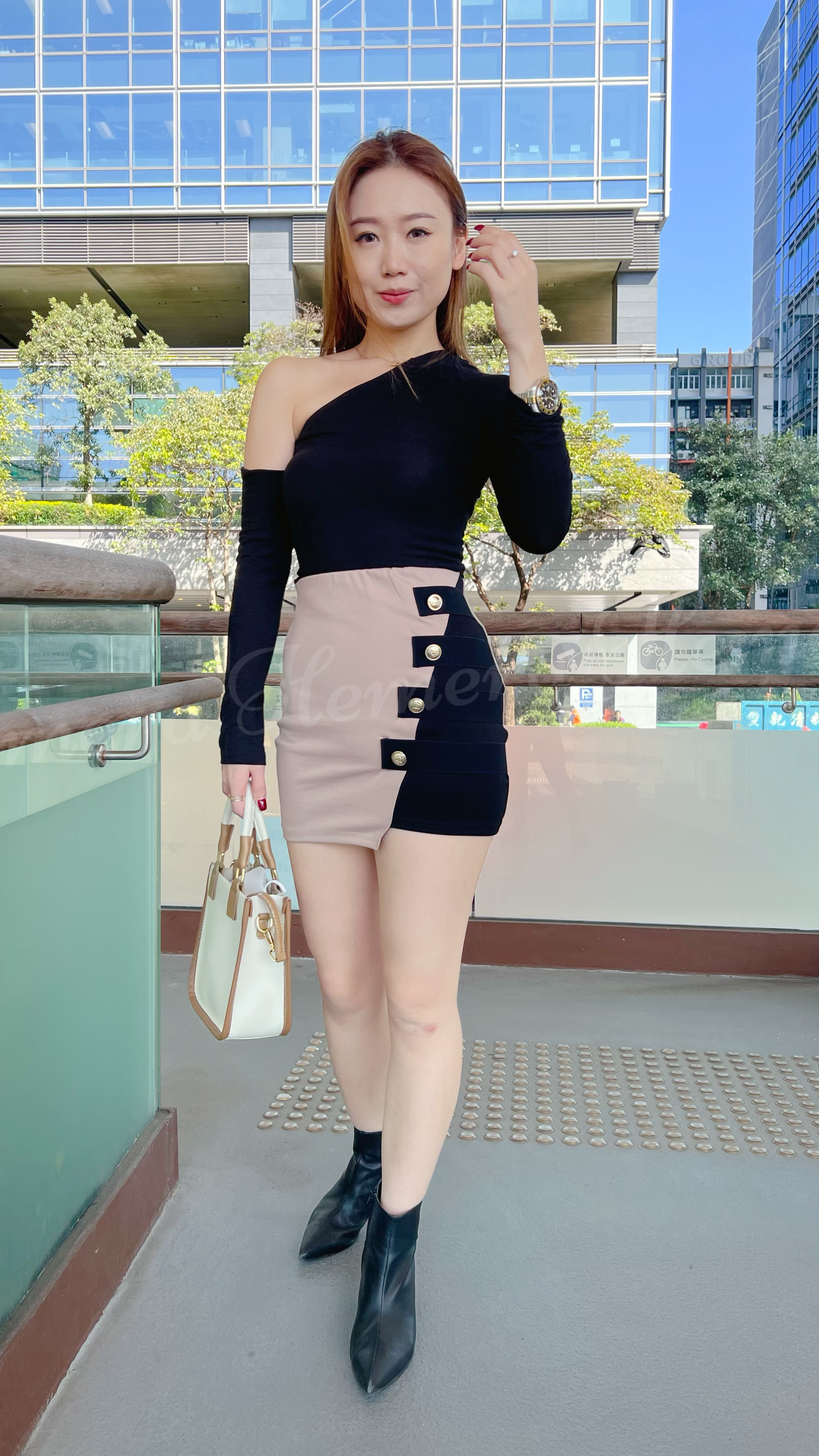 SK23W0119 雙拼色不規則顯瘦彈性貼身半截裙