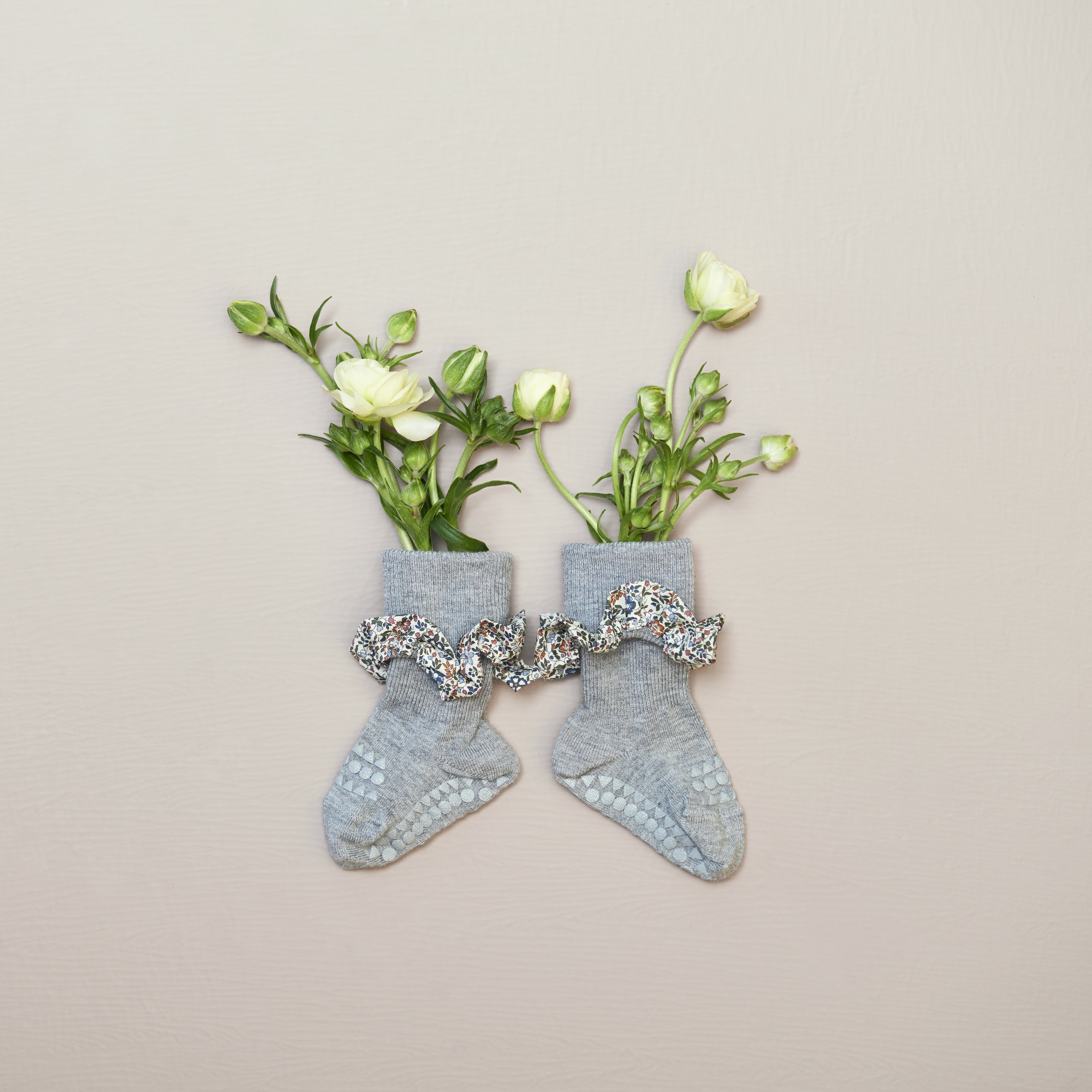 丹麥GoBabyGo 花布竹纖維防滑襪 - Grey Melange x Liberty