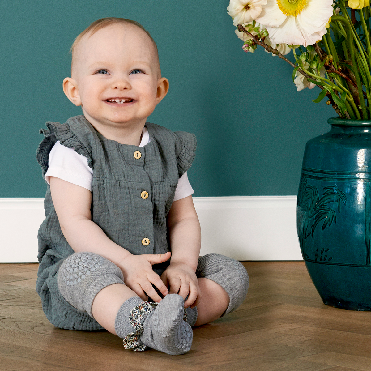 丹麥GoBabyGo 花布竹纖維防滑襪 - Grey Melange x Liberty