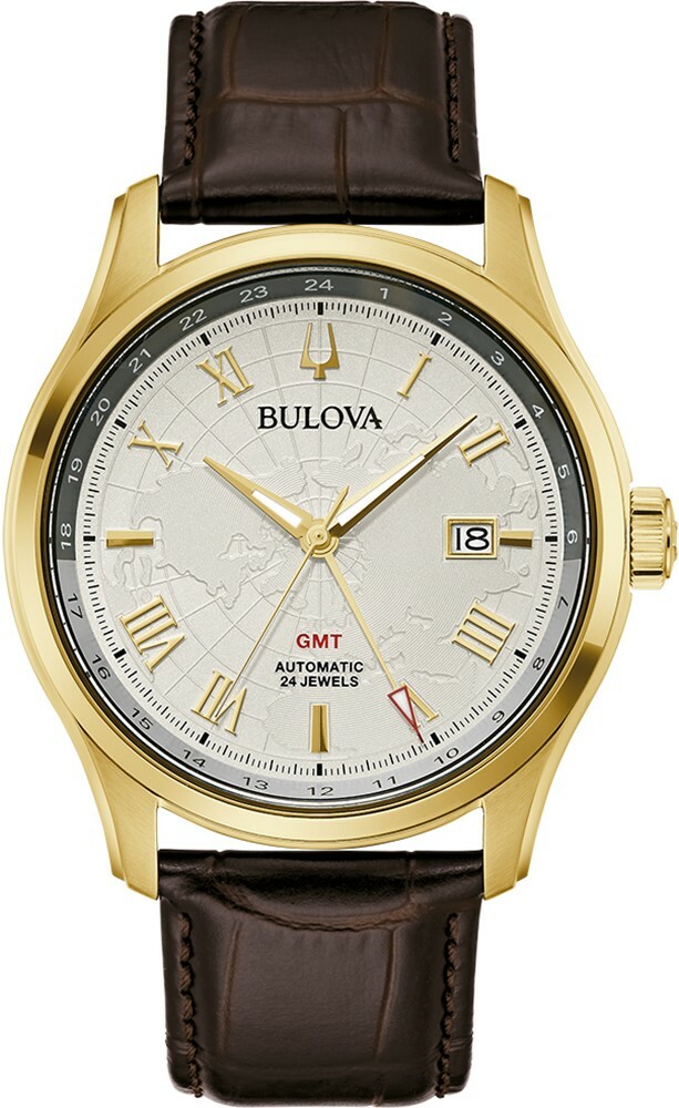 萬年鐘錶 - BULOVA 寶路華   經典地圖GMT機械皮革男錶  97B210   錶徑 43MM