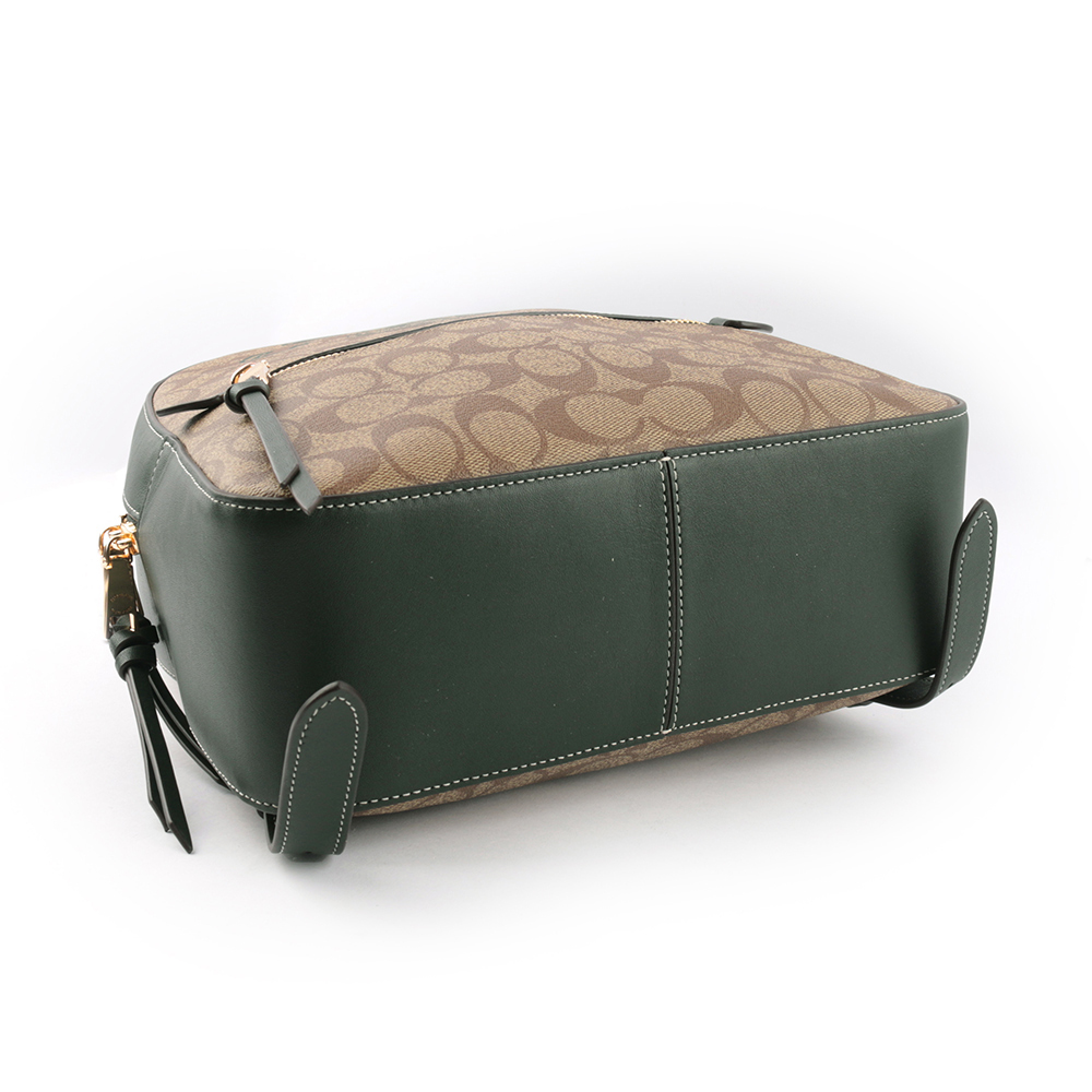 【COACH】Jordyn 塗層帆布拼皮革校徽標誌後背包(卡其/亞馬遜綠)