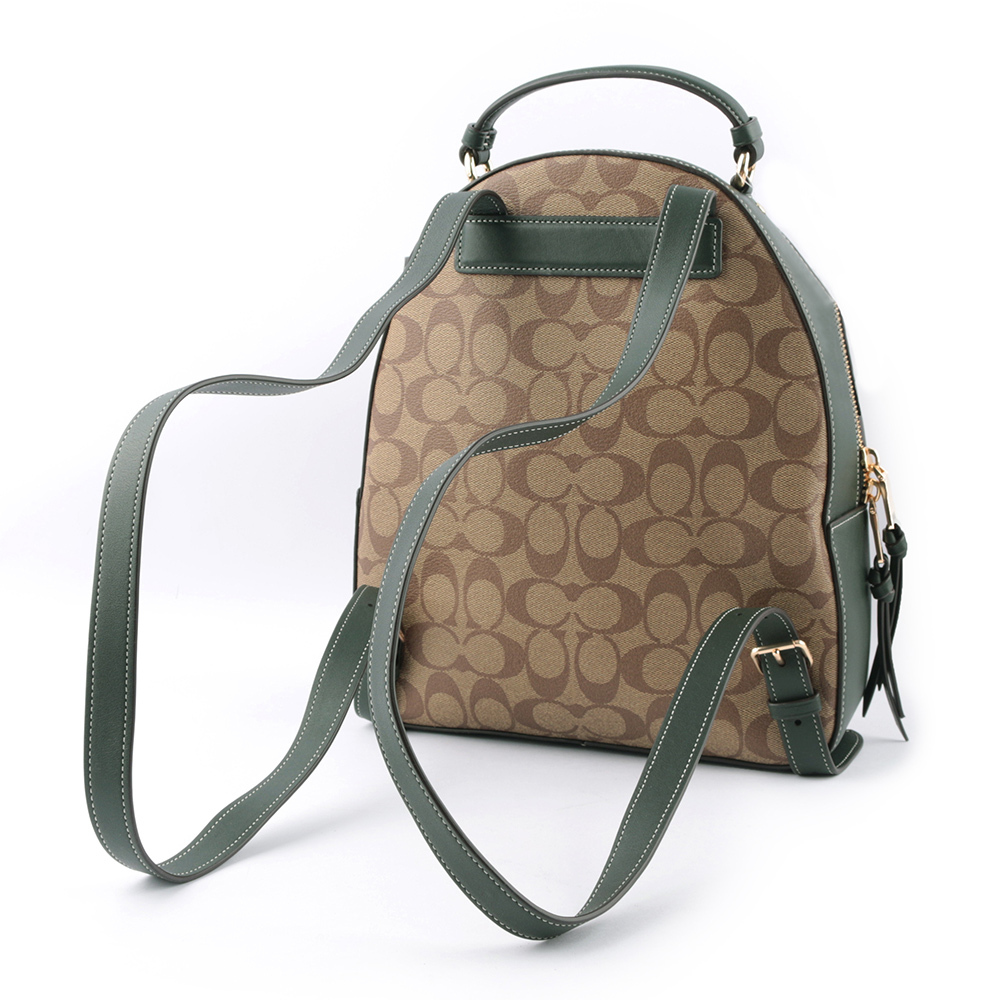 【COACH】Jordyn 塗層帆布拼皮革校徽標誌後背包(卡其/亞馬遜綠)