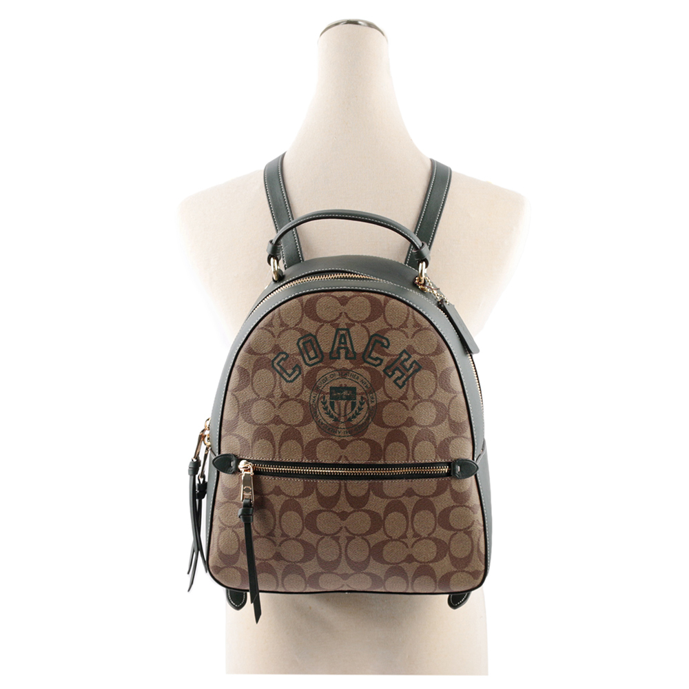 【COACH】Jordyn 塗層帆布拼皮革校徽標誌後背包(卡其/亞馬遜綠)