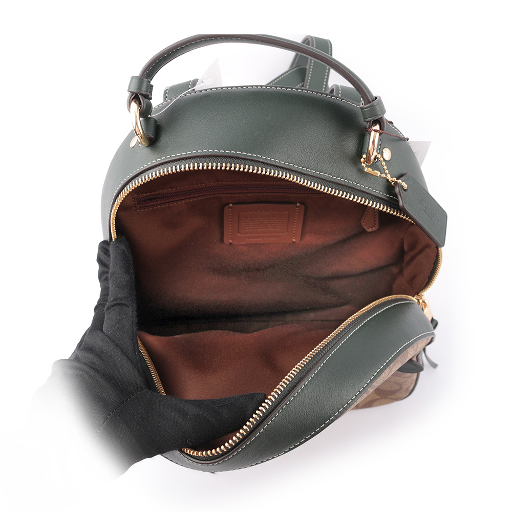 【COACH】Jordyn 塗層帆布拼皮革校徽標誌後背包(卡其/亞馬遜綠)