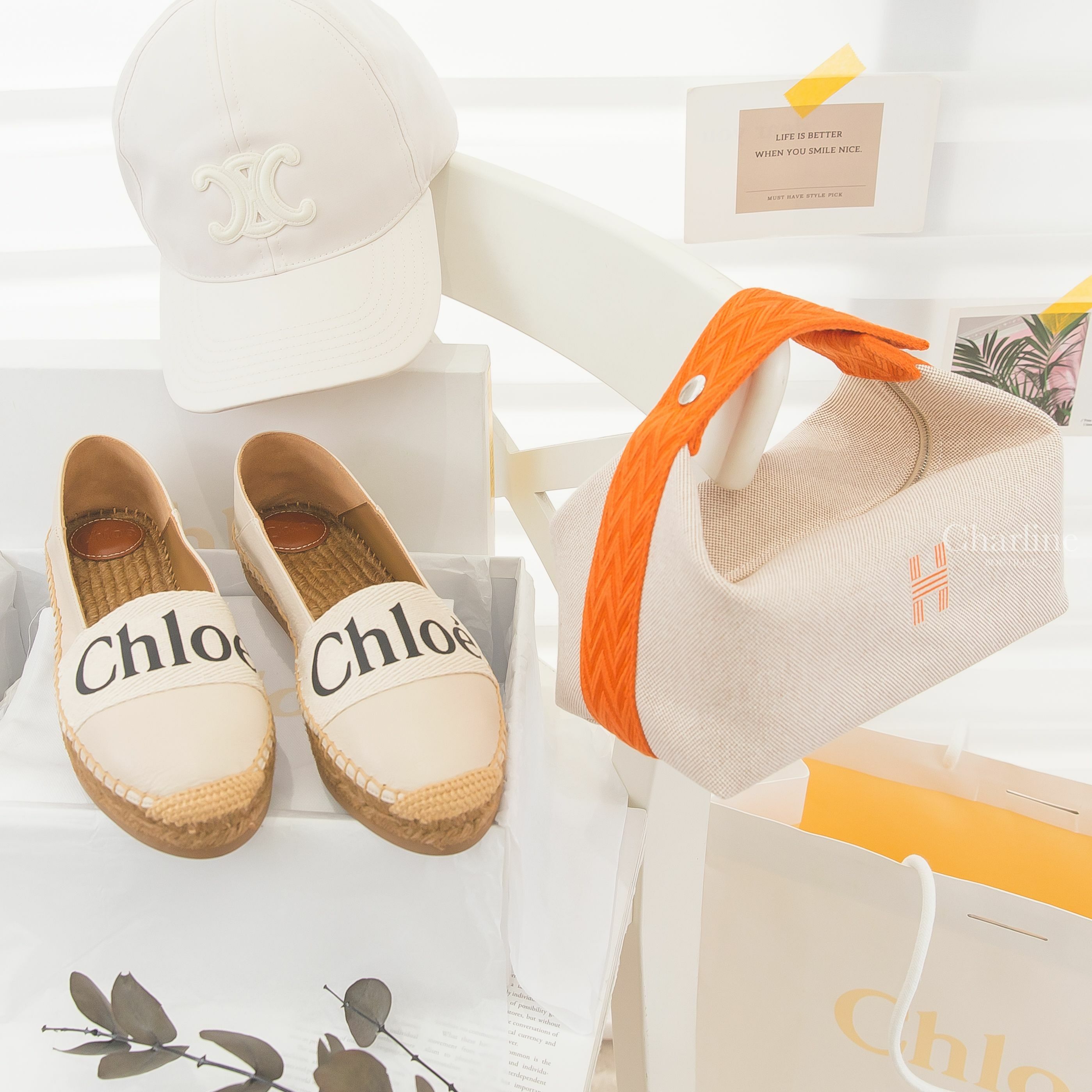 Hermès Bride A Brac Case 米色棉質橘色H之字鋸齒形編織提把小型手提包,Chloe 白底棉質黑Logo牛皮草編鞋,Celine 奶白色刺繡白色凱旋門棉質棒球帽-Charline Boutique 精品代購