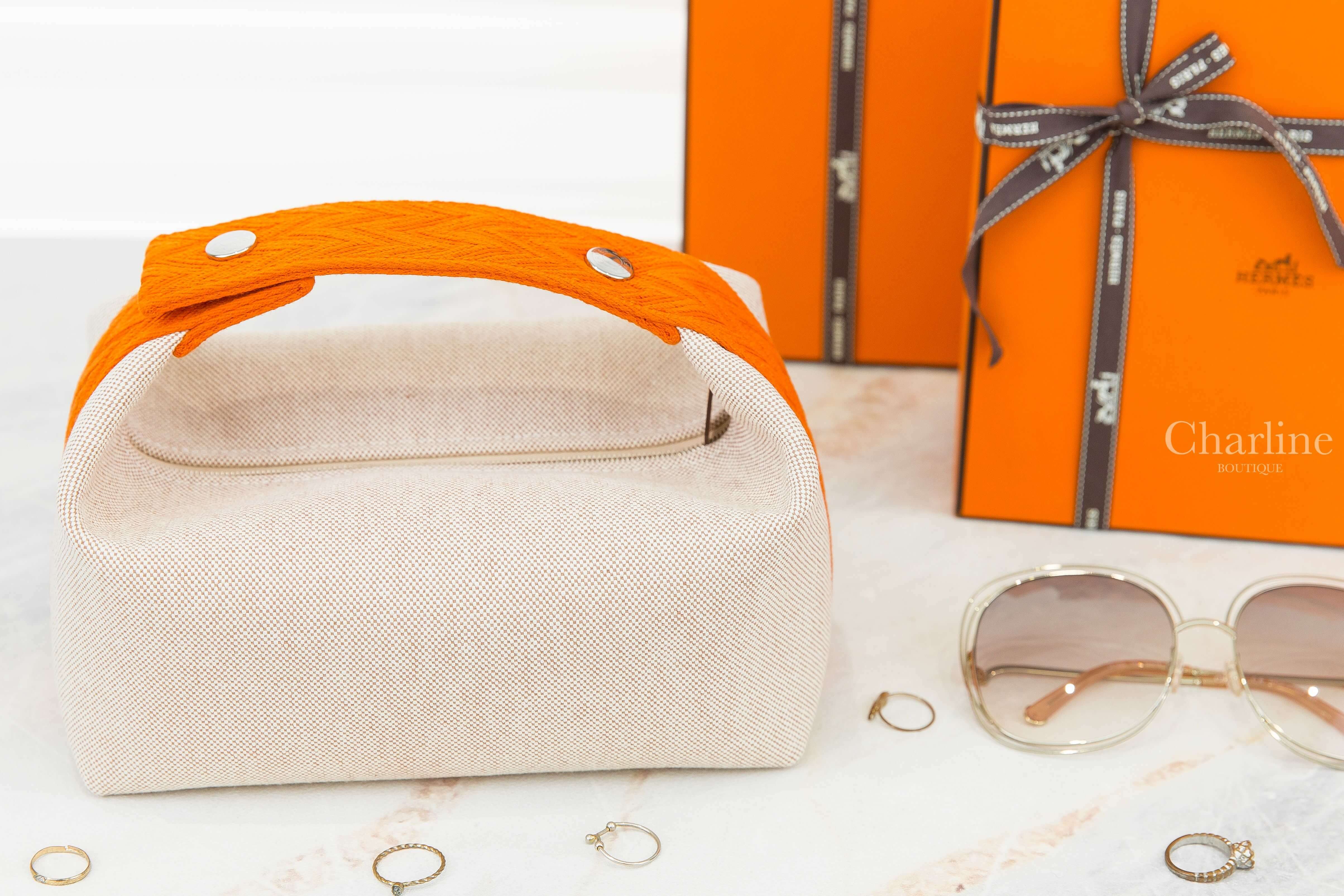 Hermès Bride A Brac Case, Small Model 米色棉質橘色H之字鋸齒形編織提把小型手提包-Charline Boutique 精品代購