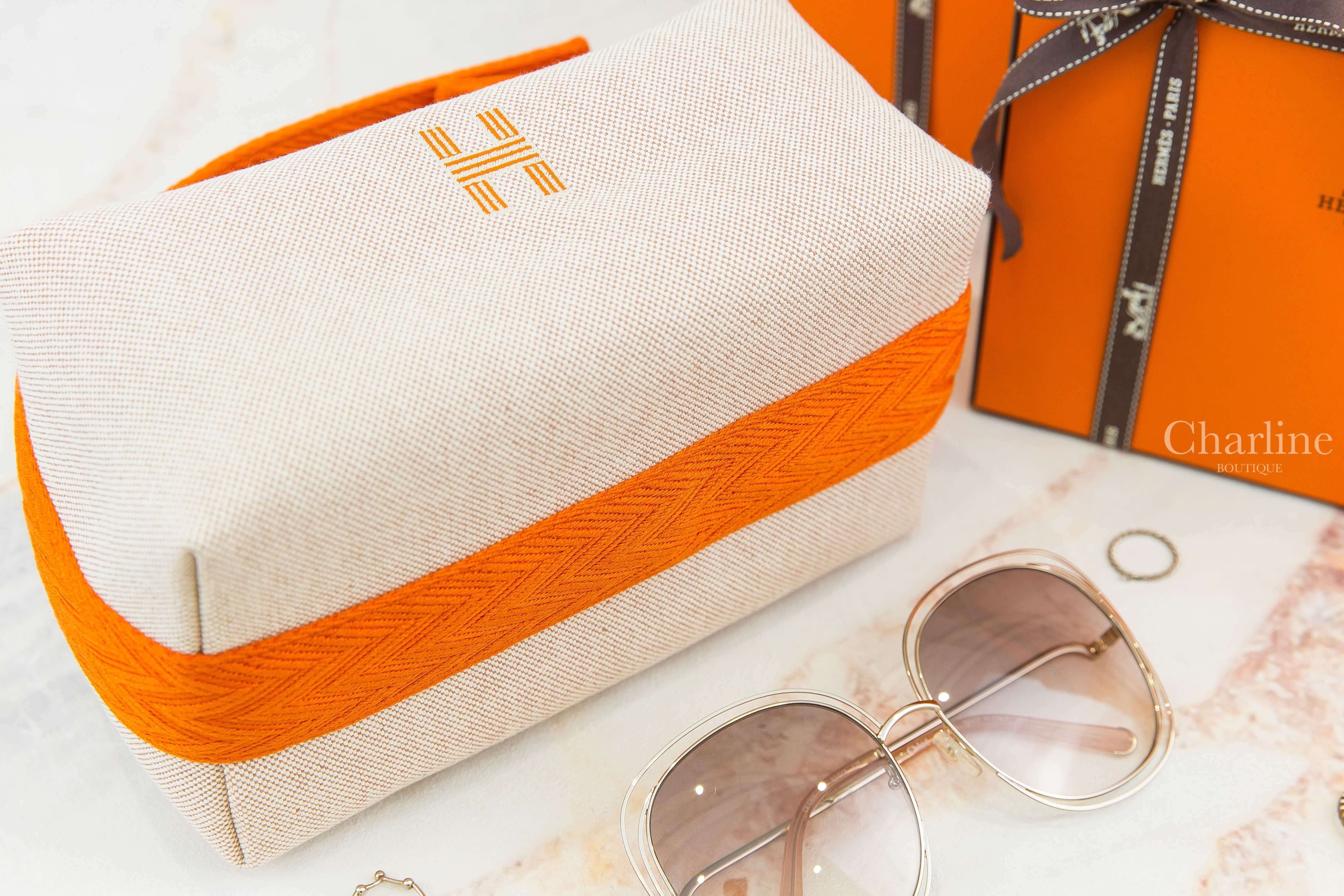 Hermès Bride A Brac Case, Small Model 米色棉質橘色H之字鋸齒形編織提把小型手提包-Charline Boutique 精品代購