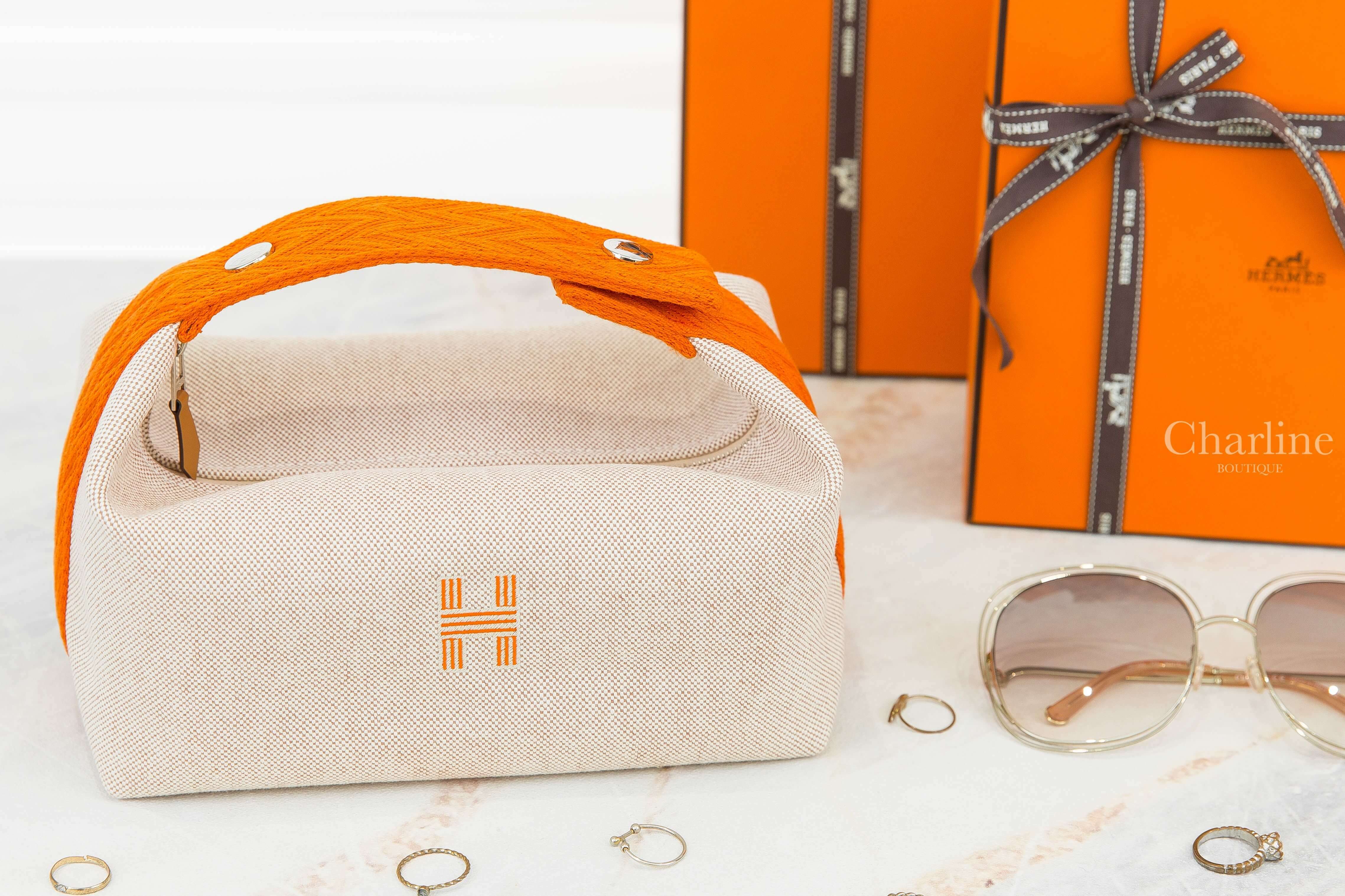 Hermès Bride A Brac Case, Small Model 米色棉質橘色H之字鋸齒形編織提把小型手提包
