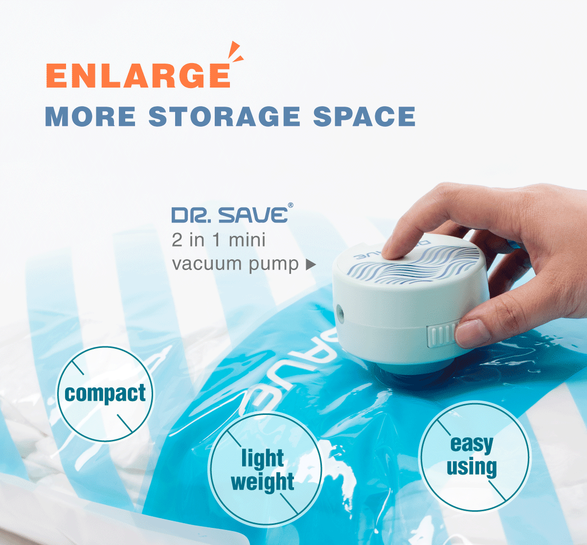DR. SAVE 2-in-1 rechargeable mini vacuum pump is simple, lightweight, time-saving