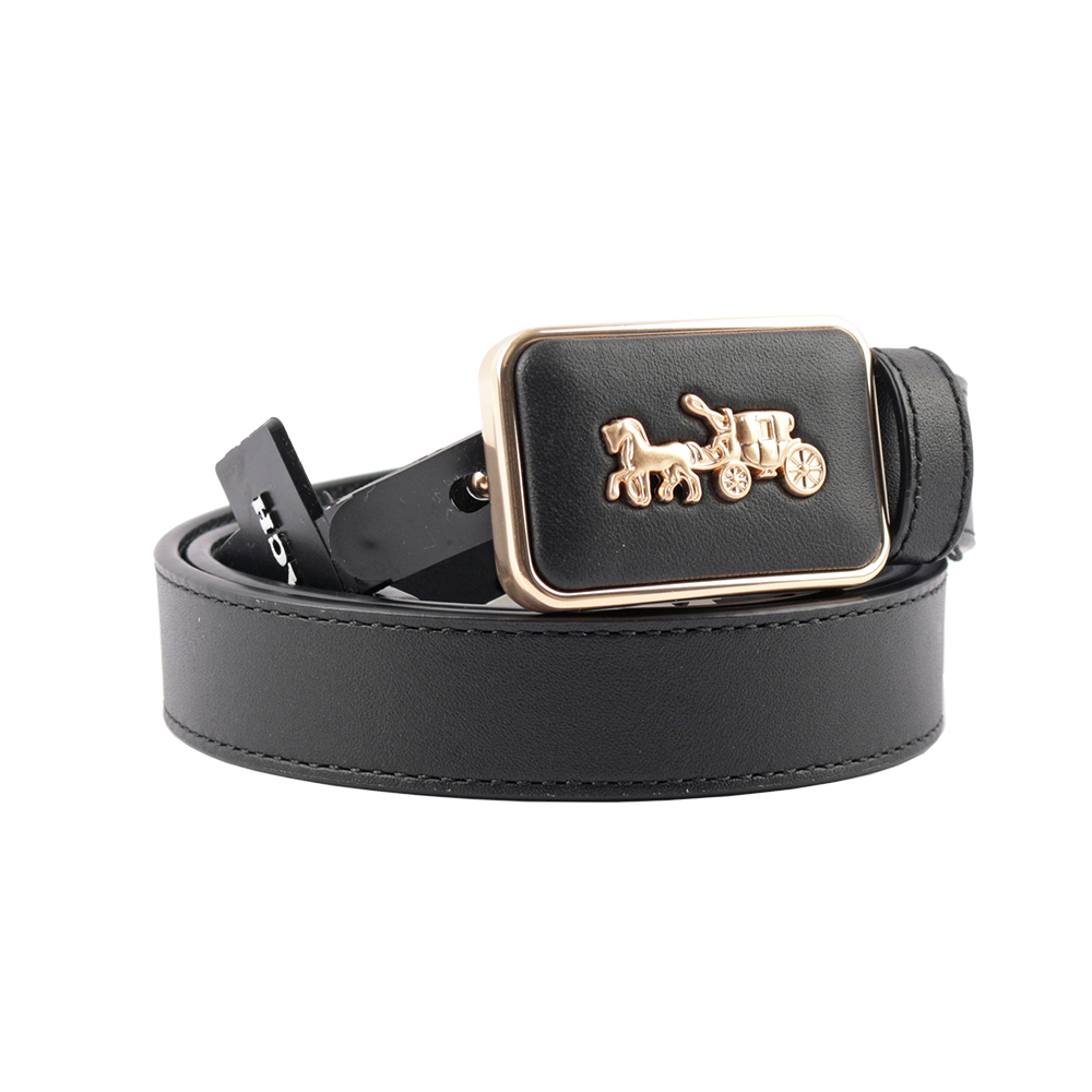 【COACH 】馬車圖案方牌釦頭精緻牛皮寬2.5cm皮帶 (黑色)