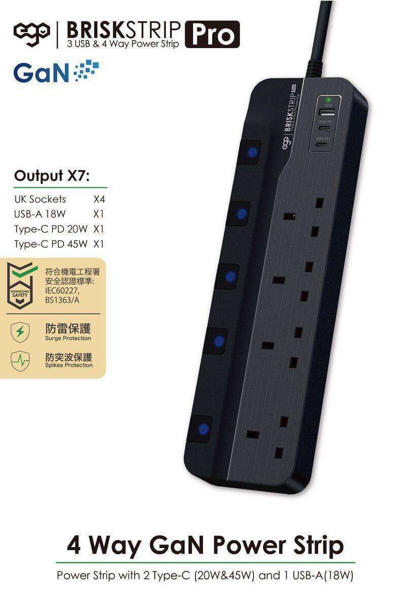 EGO BRISK STRIP專業版氮化鎵3USB & 4插口拖板