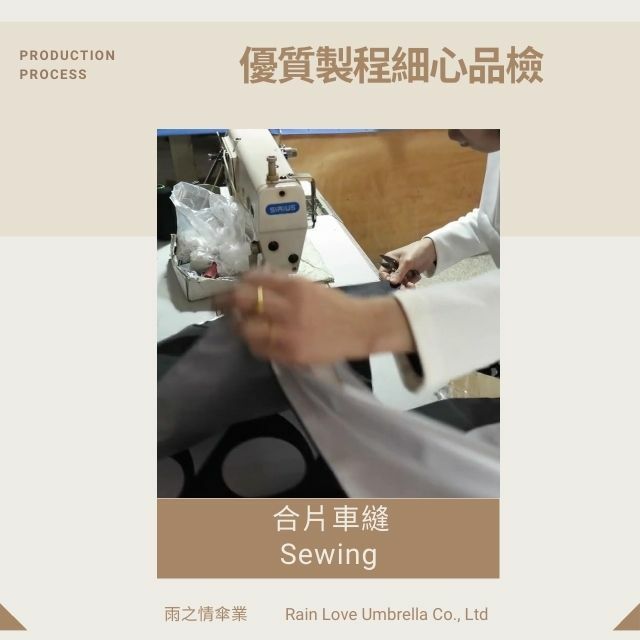 合片。將印刷完成的三角傘布片，人工縫合，這一步的工序關係到雨傘之後是否會出現滲水現象