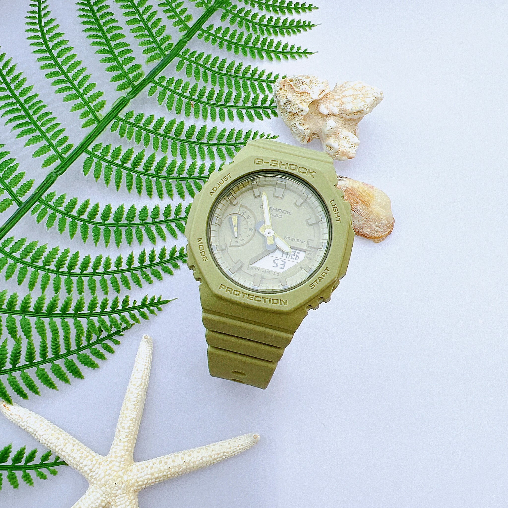 【G-SHOCK】八角殼形簡約霧面雙顯錶 GMA-S2100BA-3A卡其色  42.9mm 現代鐘錶