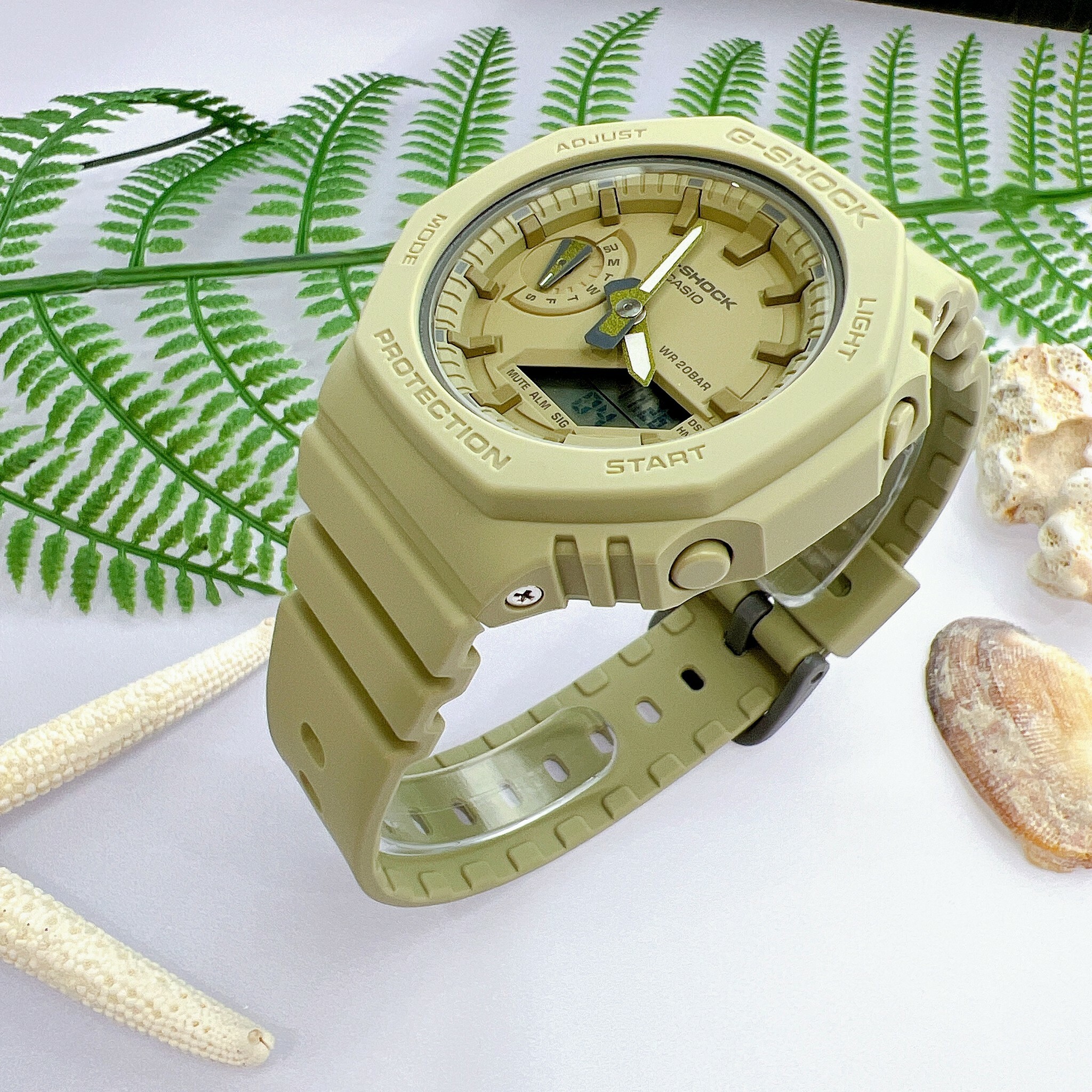 【G-SHOCK】八角殼形簡約霧面雙顯錶 GMA-S2100BA-3A卡其色  42.9mm 現代鐘錶