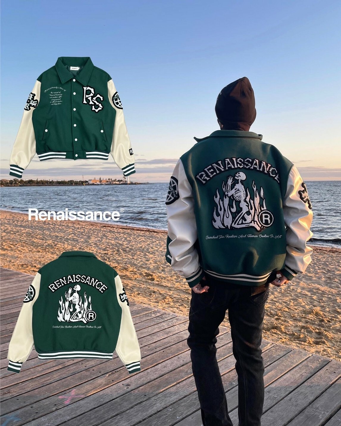 RENAISSANCE 2.0 火焰祈禱骷髏 翻領棒球外套 啞光米白皮袖棒外 高級綠 毛巾布 臂章