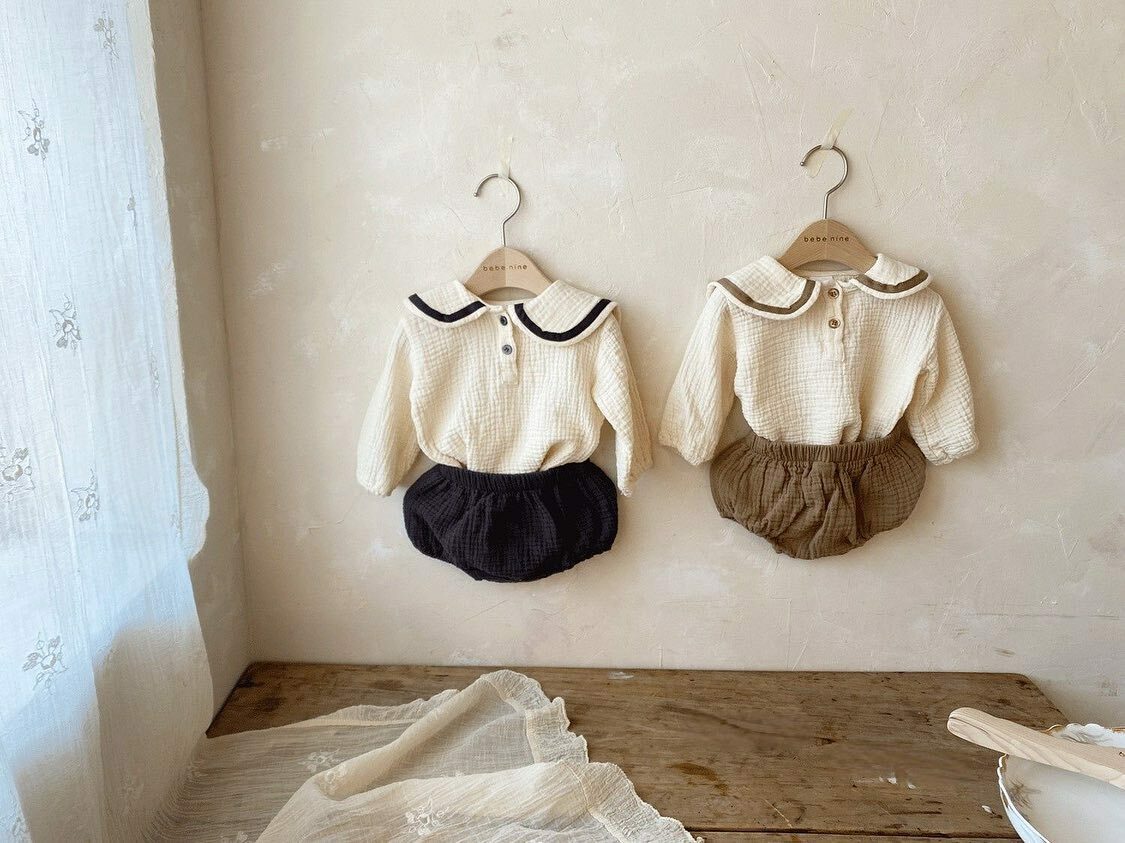 海軍風翻領上衣+麵包褲套裝