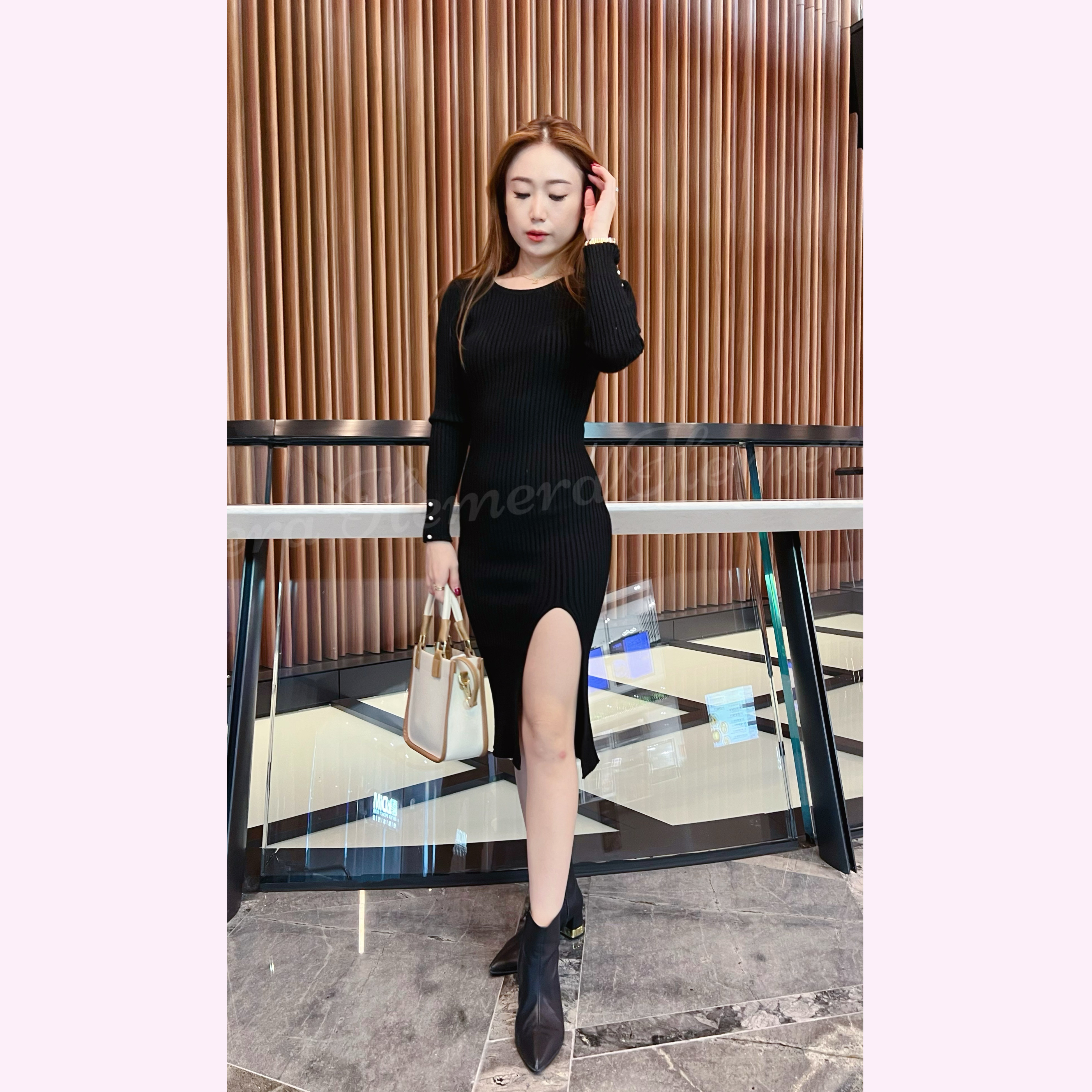 DR23W0142 直坑紋棉質珠珠手袖開叉中長版連身裙