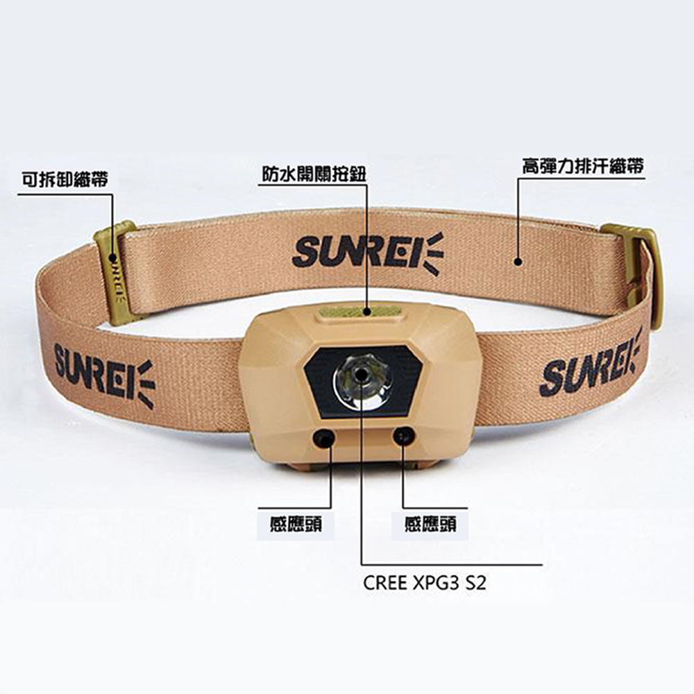 SUNREE 山力士 iFishing 225流明感應式頭燈 (土黃) 225流明/露營燈/手電筒/登山/緊急訊號 81CLS0006