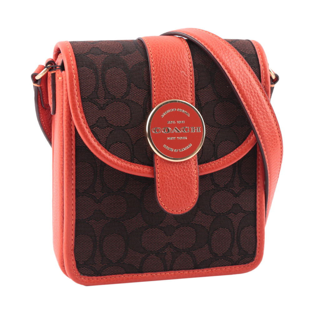 【COACH】Lonnie 緹花布拼皮革翻蓋斜背包(芒果橘/巧克力色)