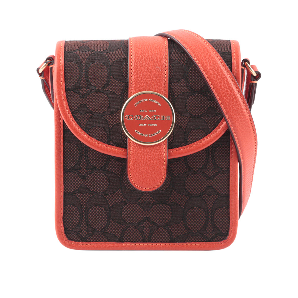 【COACH】Lonnie 緹花布拼皮革翻蓋斜背包(芒果橘/巧克力色)