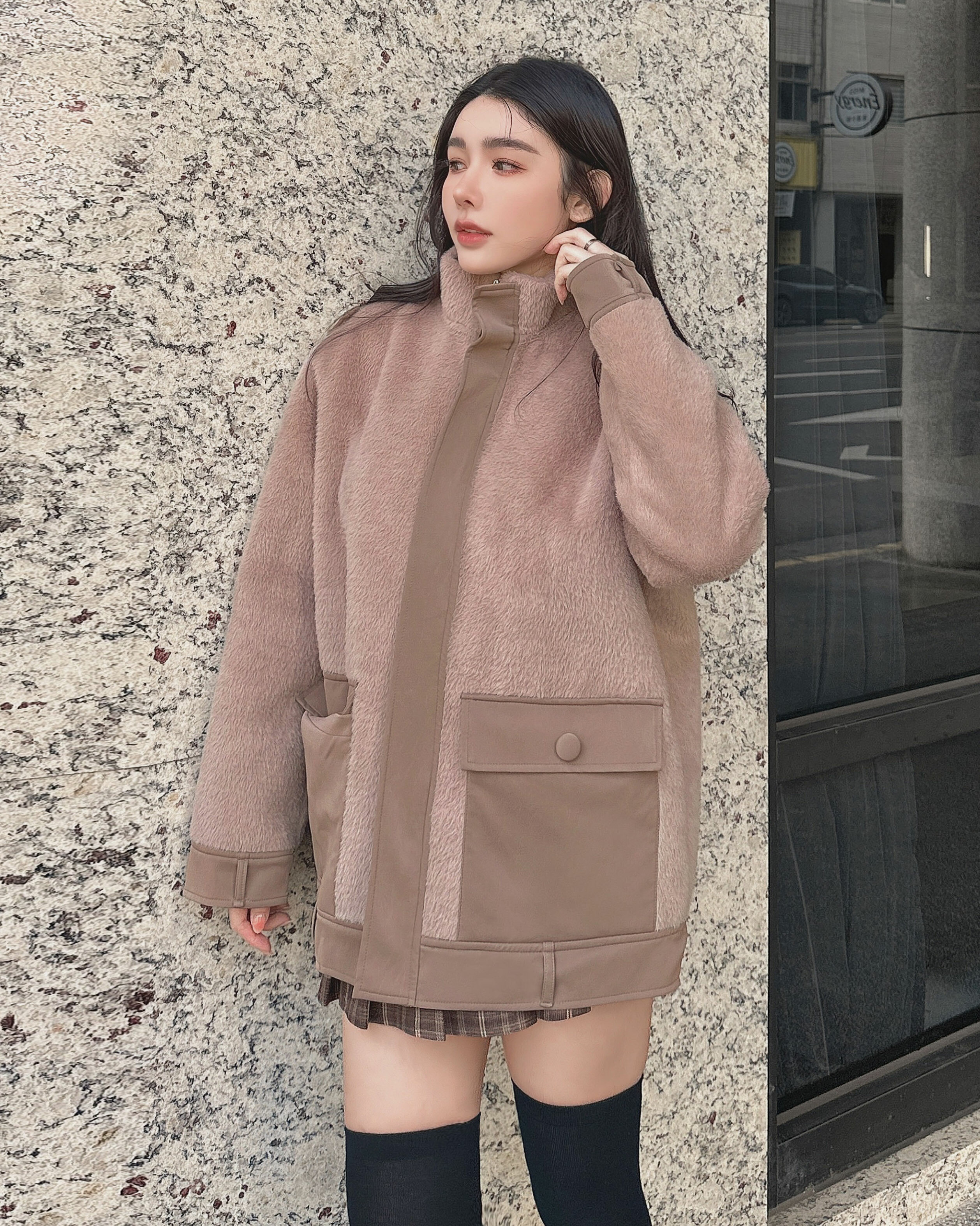 ⭒訂製-立領皮革拼接拉鍊毛毛外套