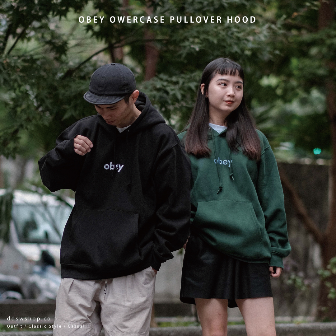 OBEY Hoodie 帽踢 文字刺繡Logo 重磅 內刷毛 口袋 黑色 綠色 奶茶色