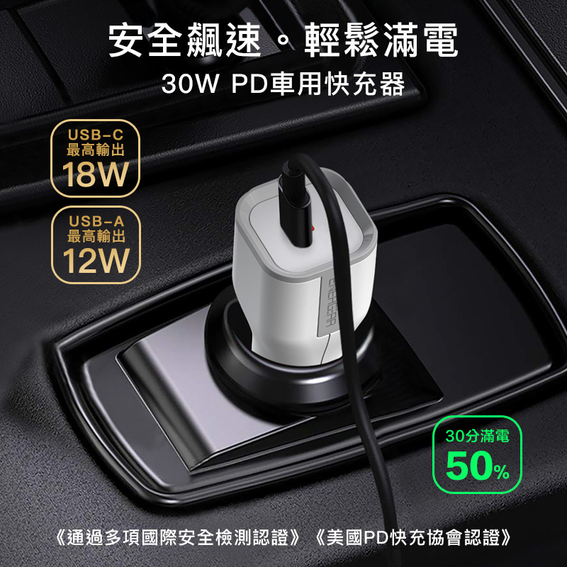 30W 雙孔Type-C USB-A 車用PD快充器