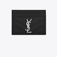 [S] YSL CASSANDRE SAINT LAURENT MATELASSÉ CARD CASE IN GRAIN DE POUDRE EMBOSSED LEATHER, BLACK/SILVER, 423291BOW021000 (SYSL13)