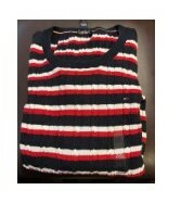 [S] TOMMY HILFIGER WOMEN'S STRIPED TWIST LONG SLEEVE KNIT SWEATER,NAVY MULTI, 76J3513-410 (STH158)