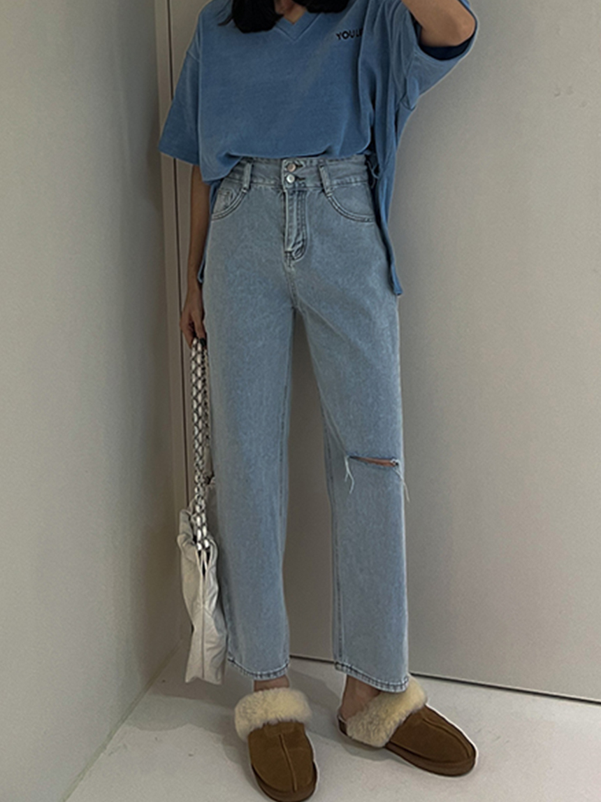 雙釦割破牛仔直筒褲*2色