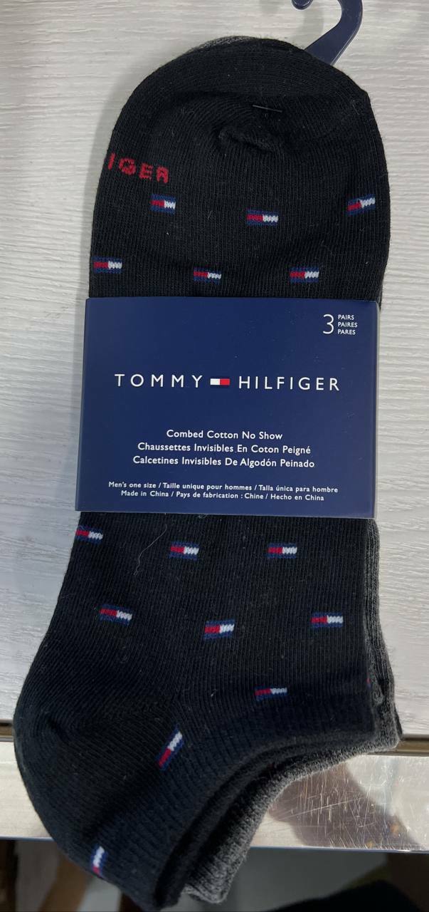[S] TOMMY HILFIGER 3PAIR ALL OVER LOGO FLAG SOCKS,BLACK, 194882105141 (STH195)