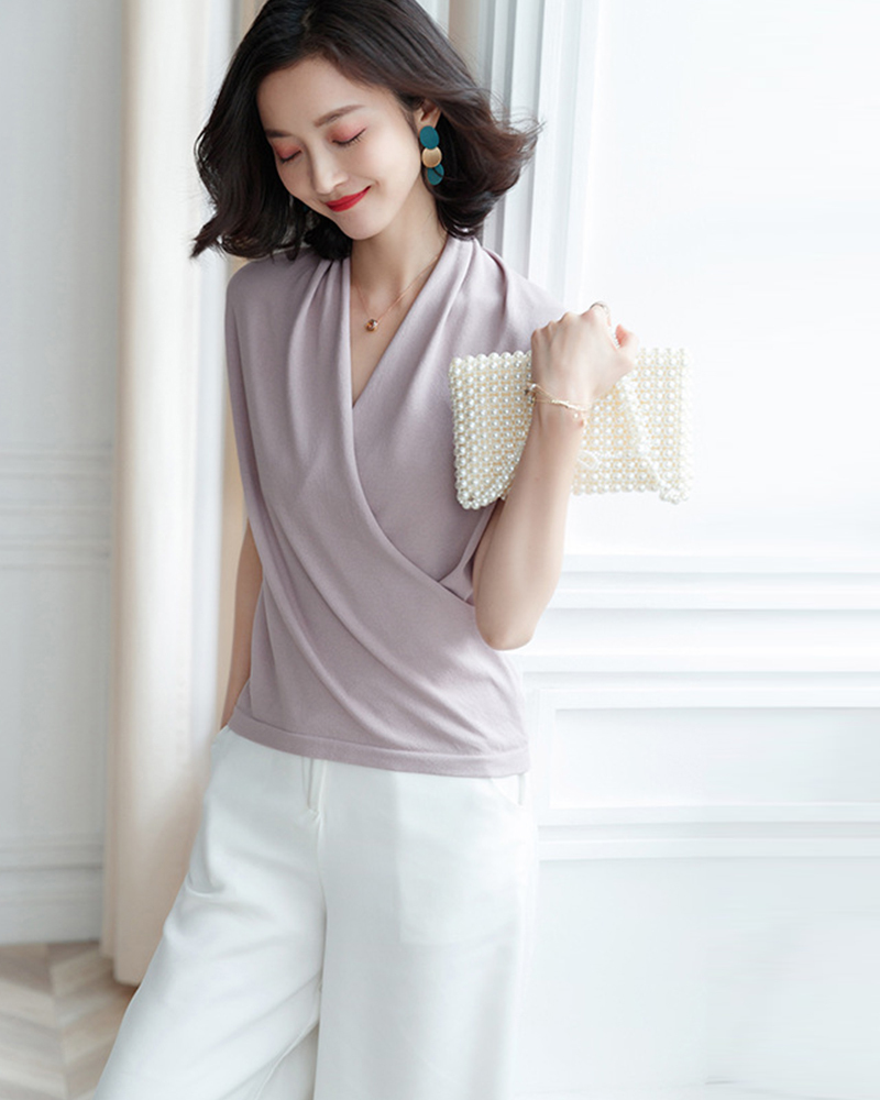 【零碼出清不退換】交叉領半袖冰絲針織上衣