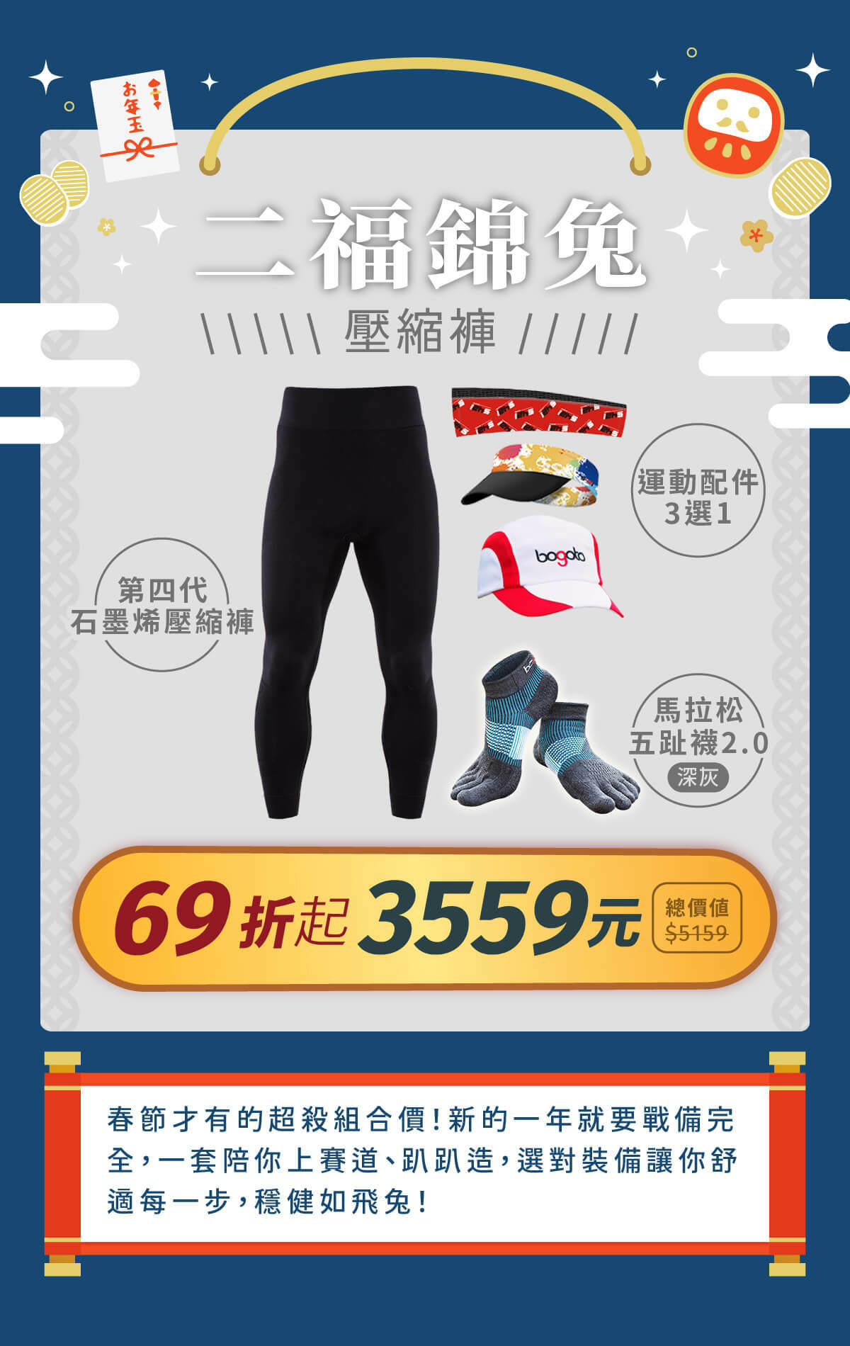 【2023博克多迎福兔】新春限定福袋只到1/31，二福錦兔壓縮褲，限時69折起，全店滿6千再現折6百！