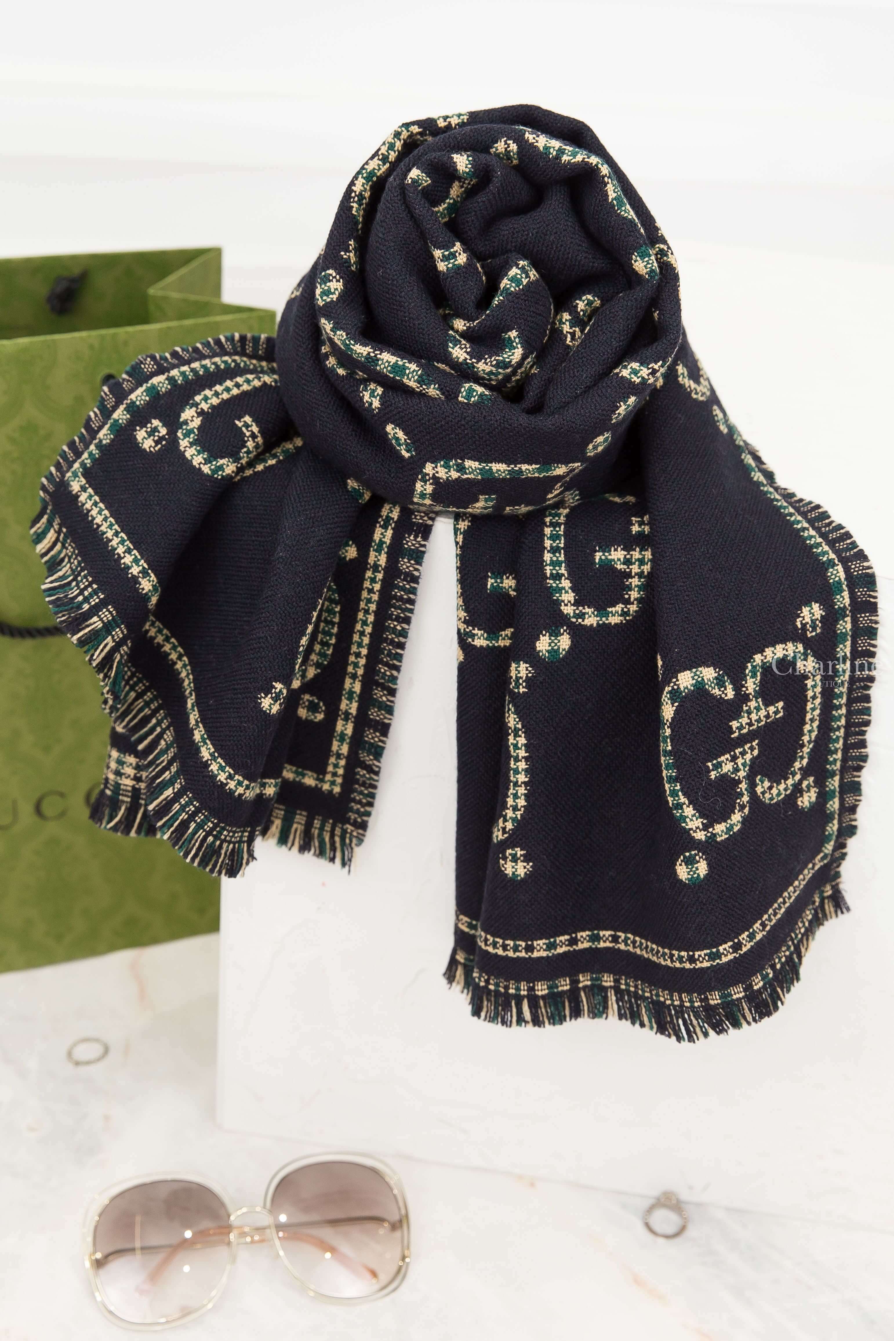 Gucci Check GG Wool Scarf 黑/綠格紋拼色GG Logo羊毛流蘇圍巾