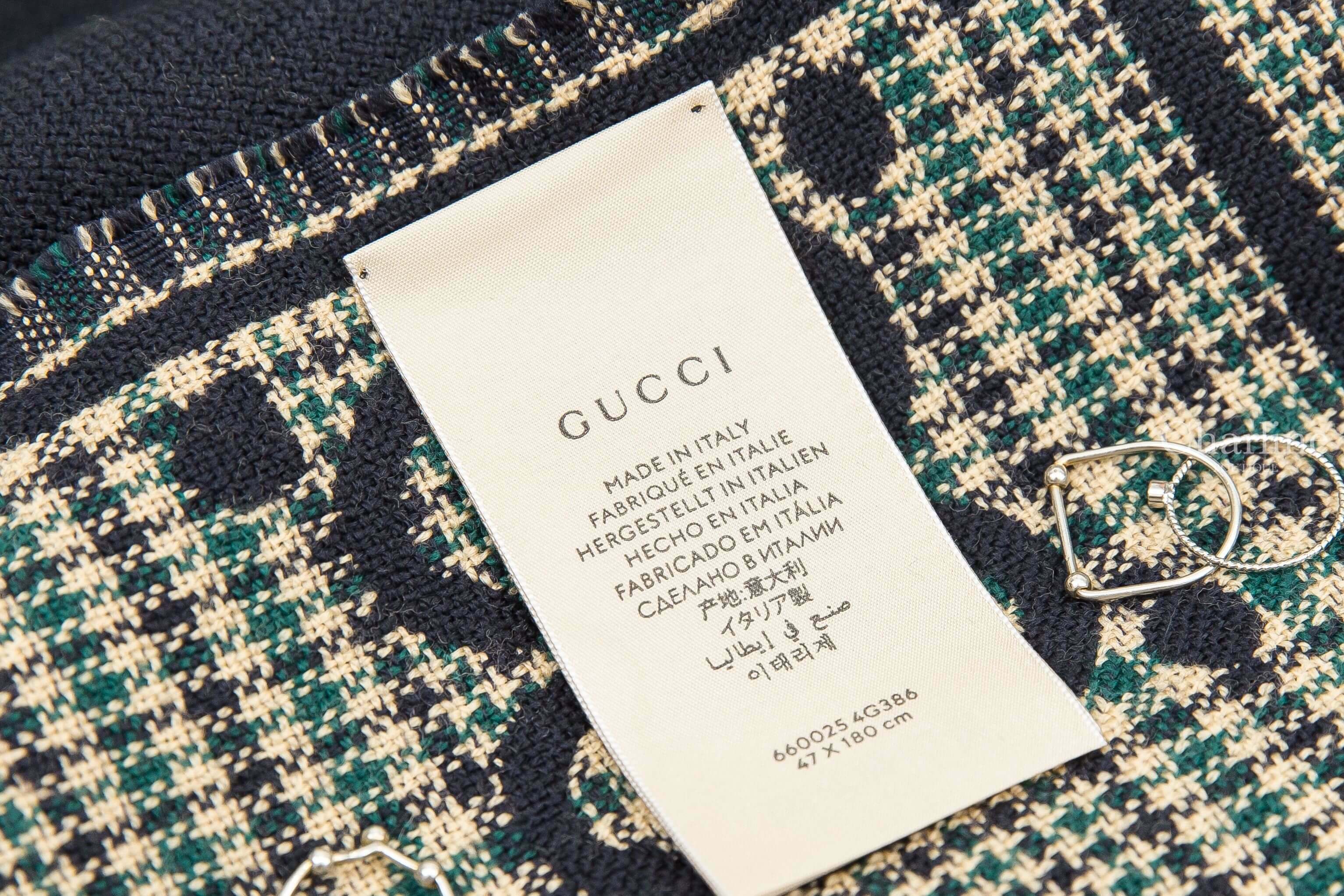Gucci Check GG Wool Scarf 黑/綠格紋拼色GG Logo羊毛流蘇圍巾-Charline Boutique 精品代購