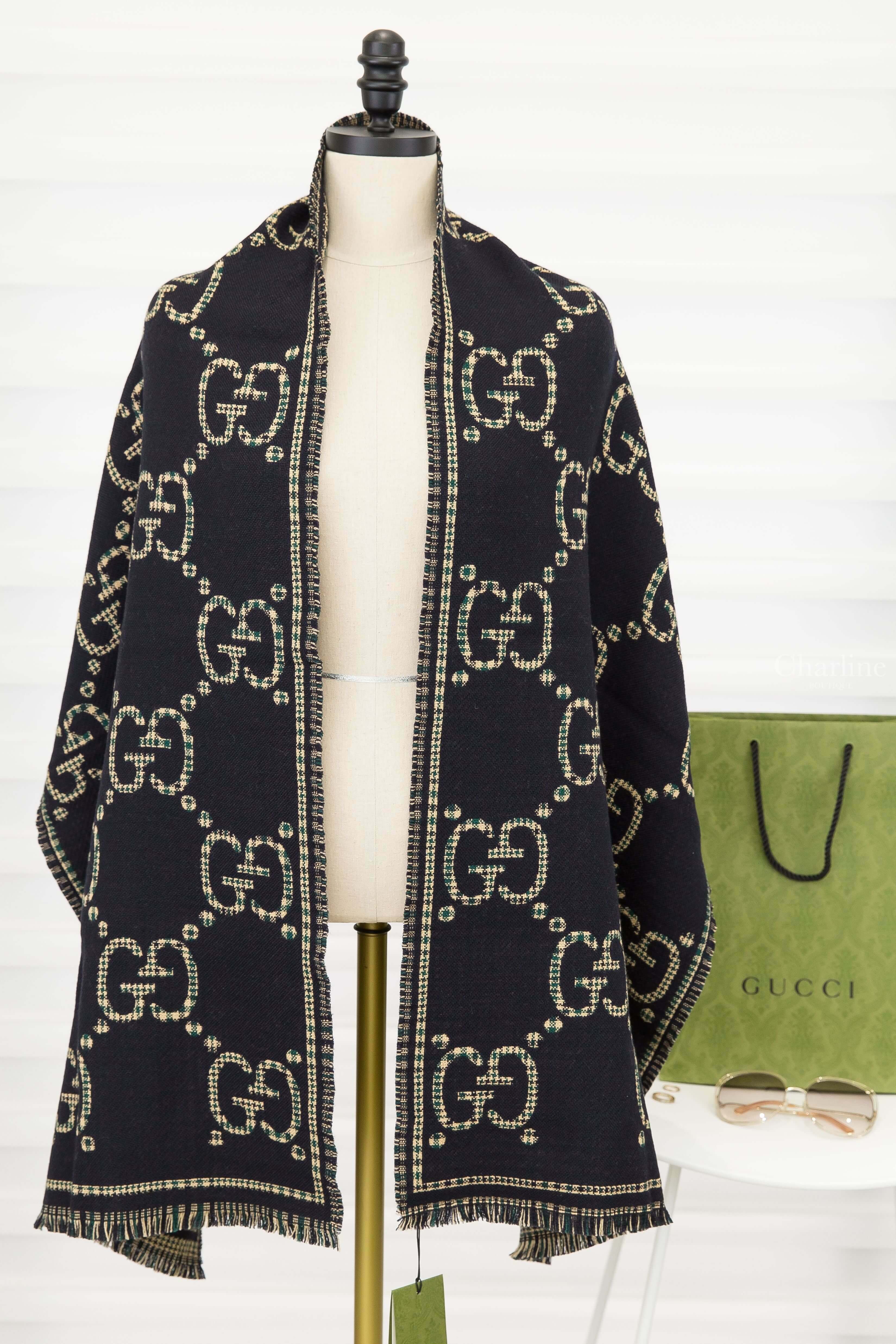 Gucci Check GG Wool Scarf 黑/綠格紋拼色GG Logo羊毛流蘇圍巾-Charline Boutique 精品代購