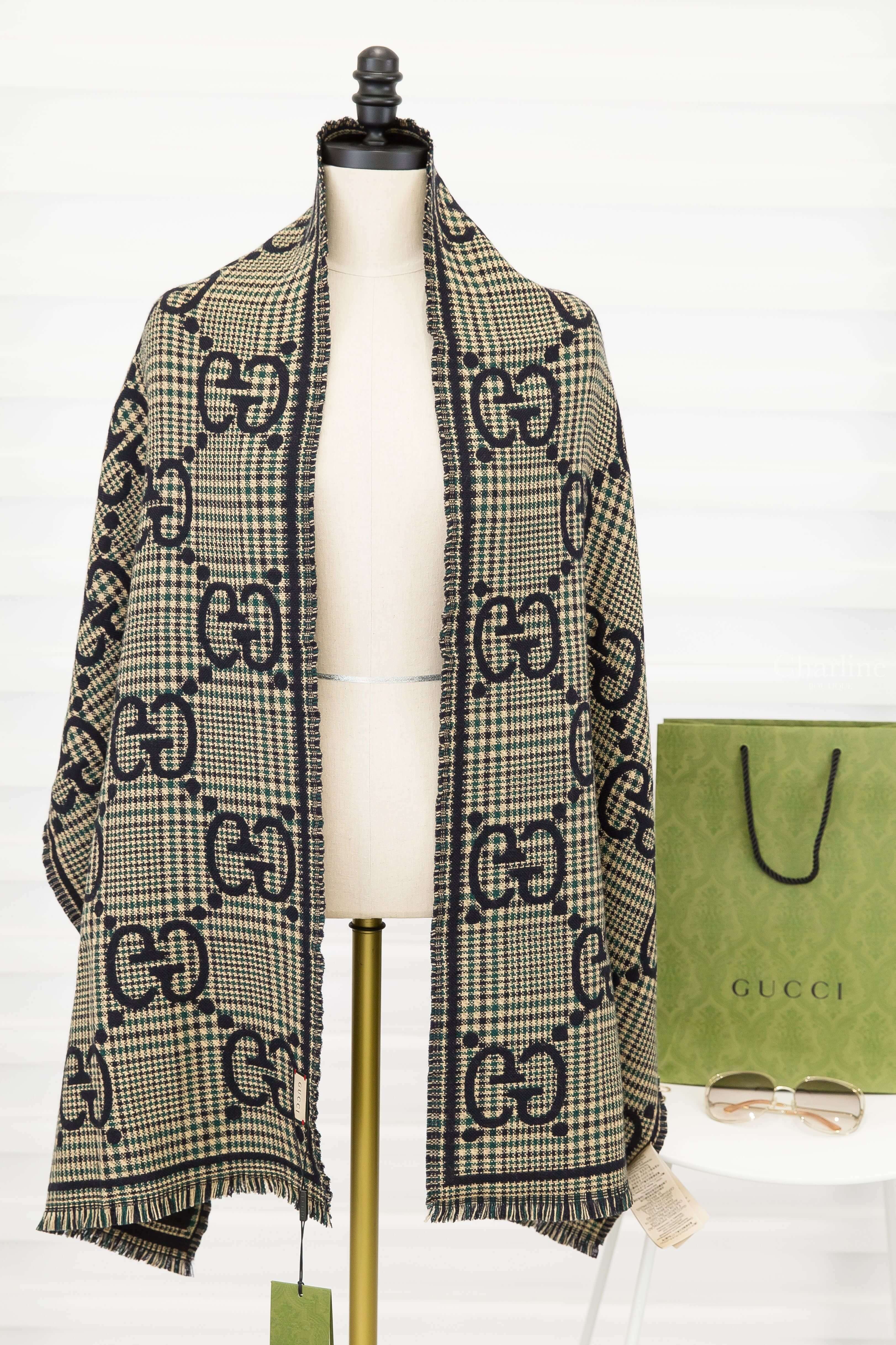 Gucci Check GG Wool Scarf 黑/綠格紋拼色GG Logo羊毛流蘇圍巾-Charline Boutique 精品代購