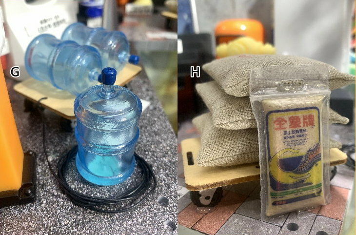 Mr. Figure : 1/12 大水x 3 , 運輸板車/大麻包袋米x3, 小包米,運輸板車