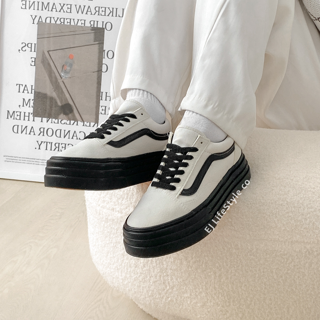 VANS OLD SKOOL 3SOLE 厚底增高鬆糕麂皮米白黑/ 現+調