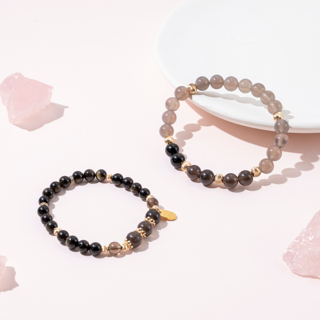 情侶對鍊【白頭偕老】茶晶金黑曜石灰瑪瑙手鍊