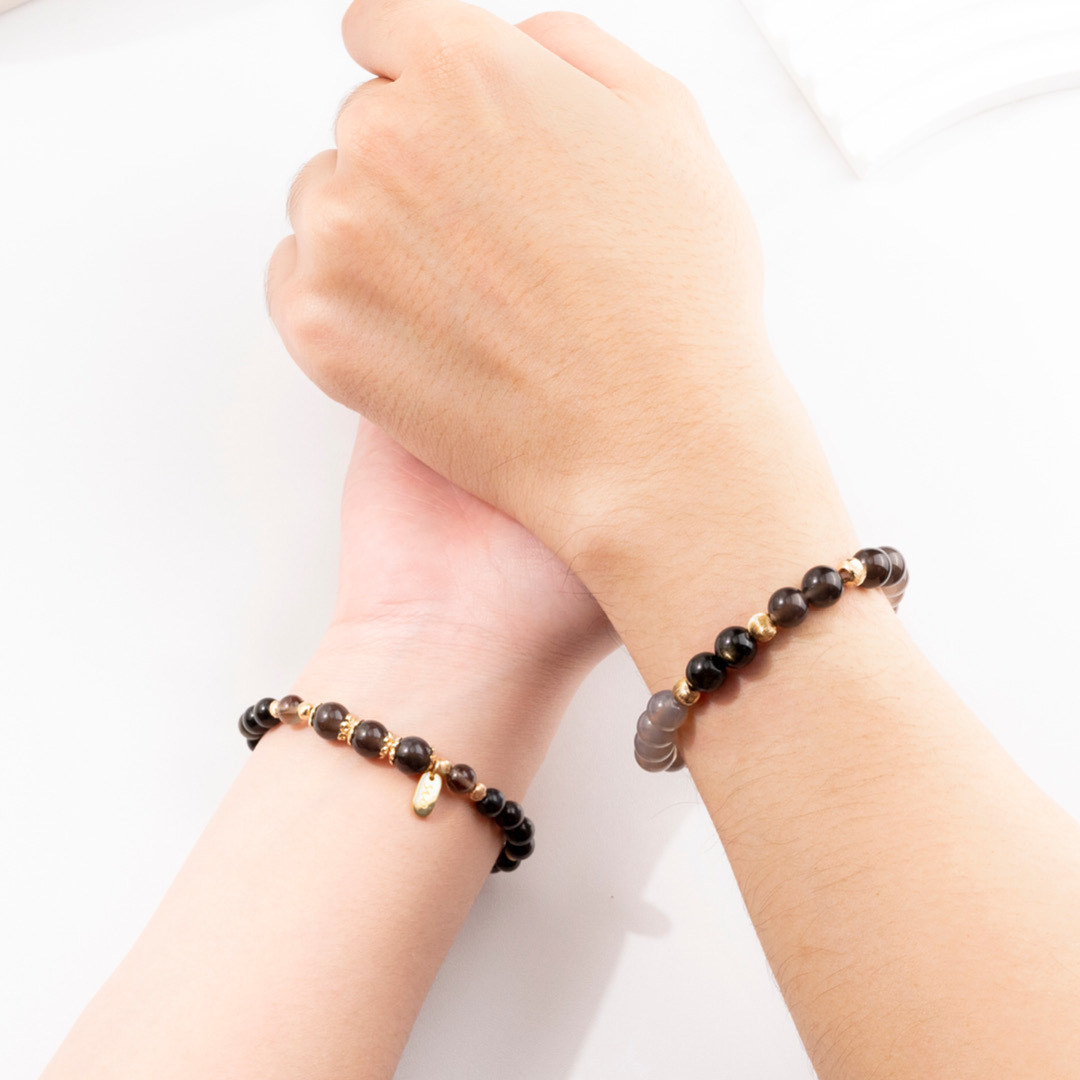 情侶對鍊【白頭偕老】茶晶金黑曜石灰瑪瑙手鍊